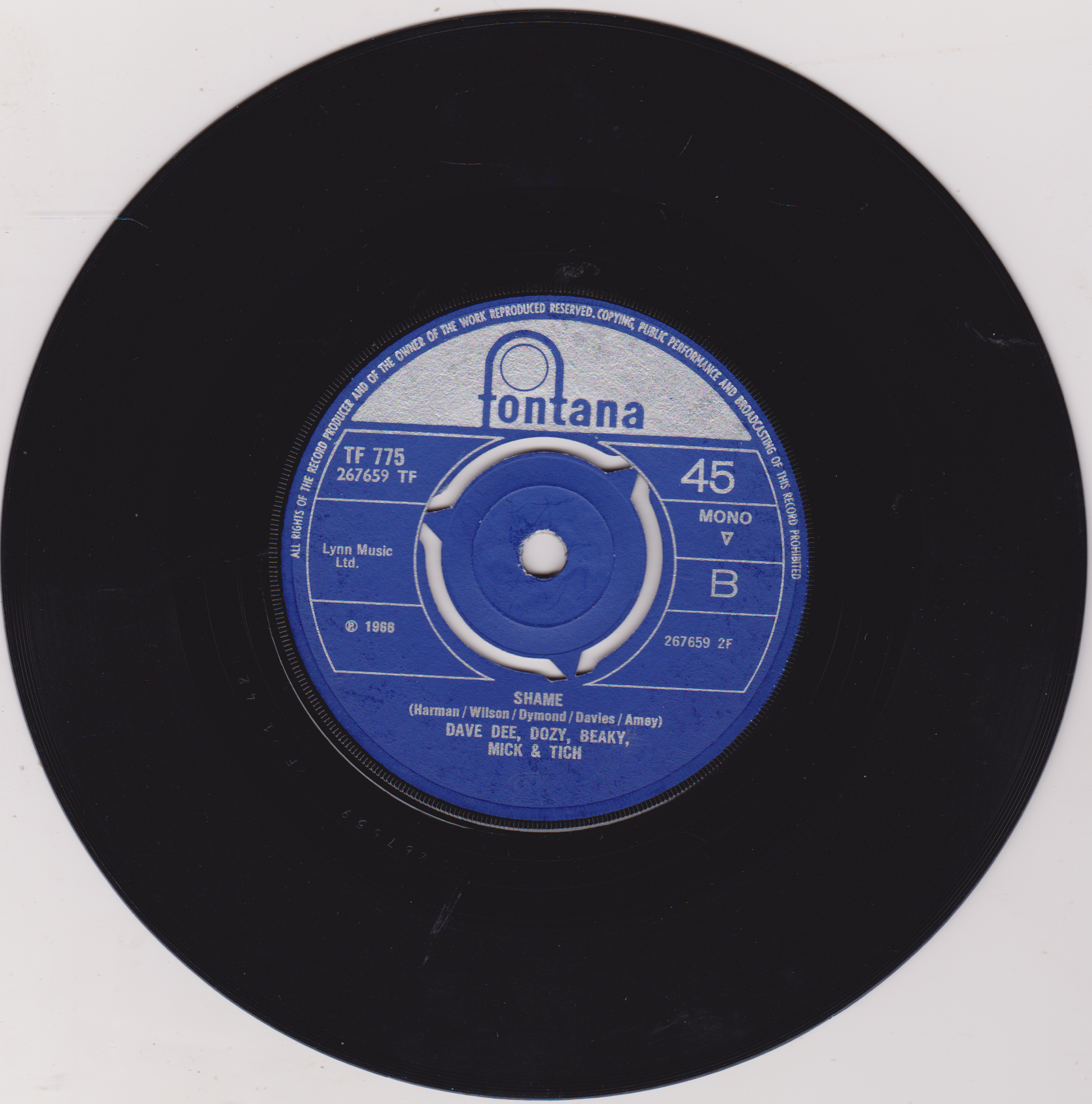 Black vinyl record with blue label featuring 'Fontana' branding on a white background
