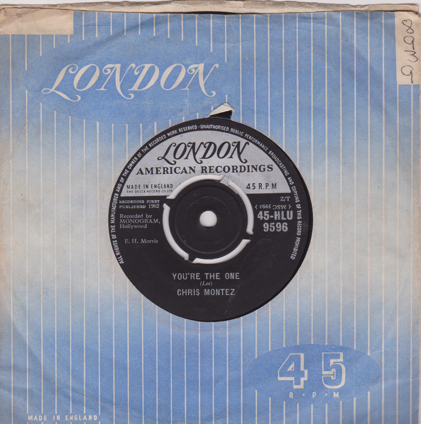 Vintage London American Recordings 45 RPM record cover with text and label.