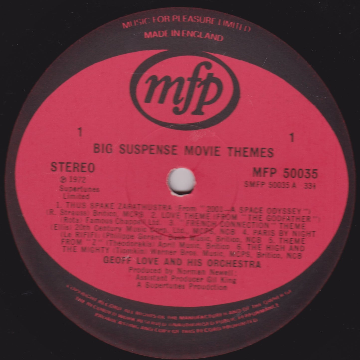 Record label for 'Big Suspense Movie Themes' by Geoff Love and His Orchestra with MFP branding.