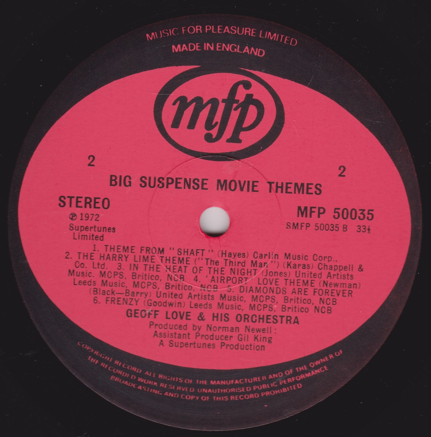 Record label with 'mfp' branding and text on a pink background