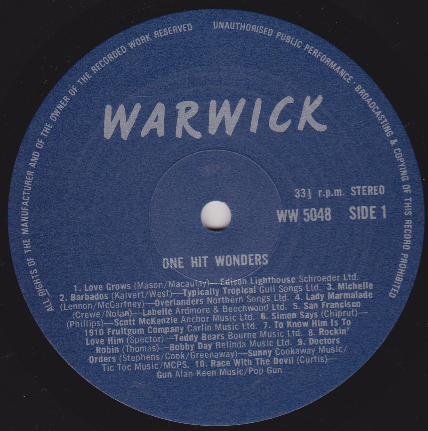 Record label with 'Warwick' branding and track listing on a blue background