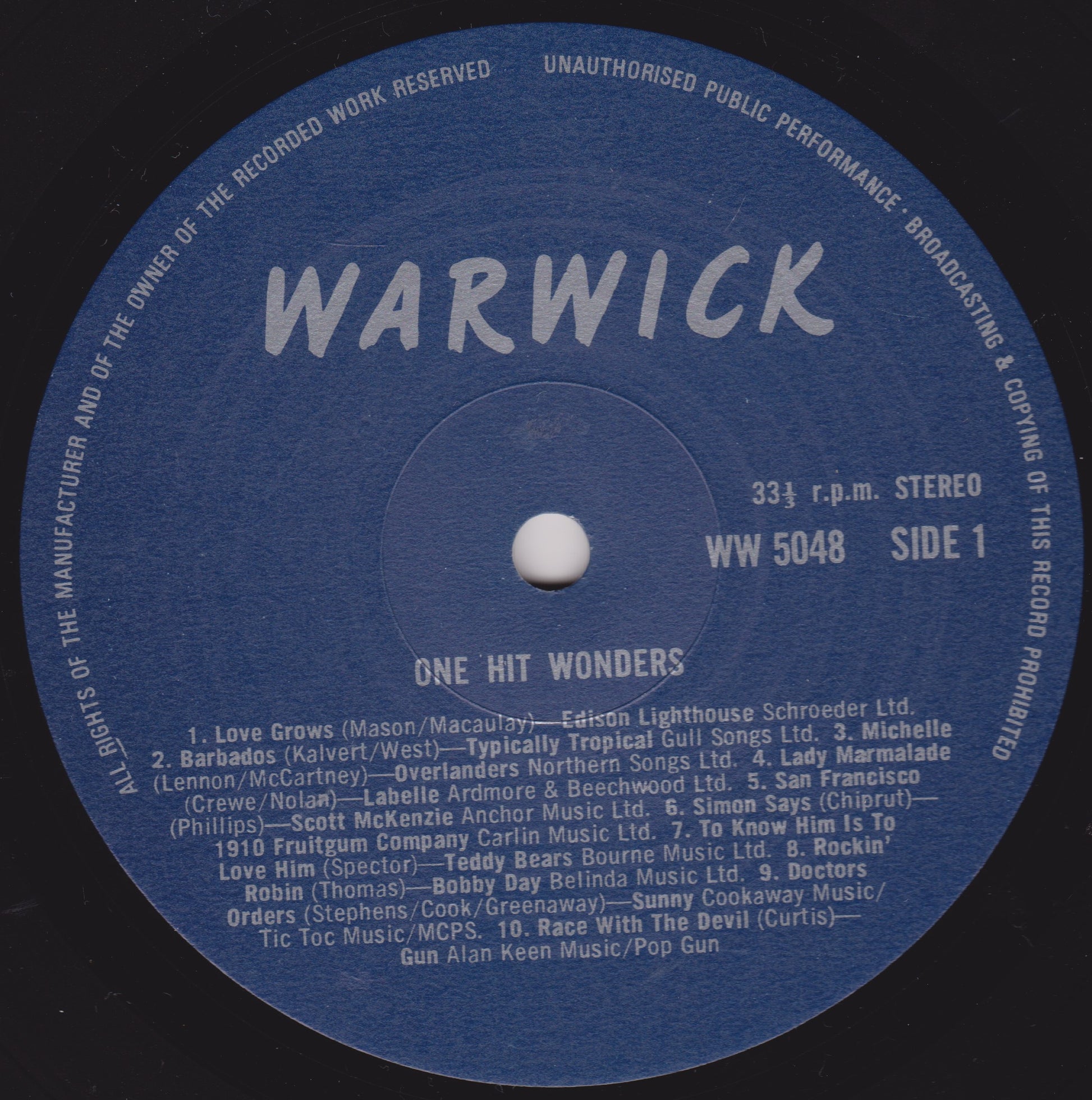 Record label with 'Warwick' branding and track listing on a blue background