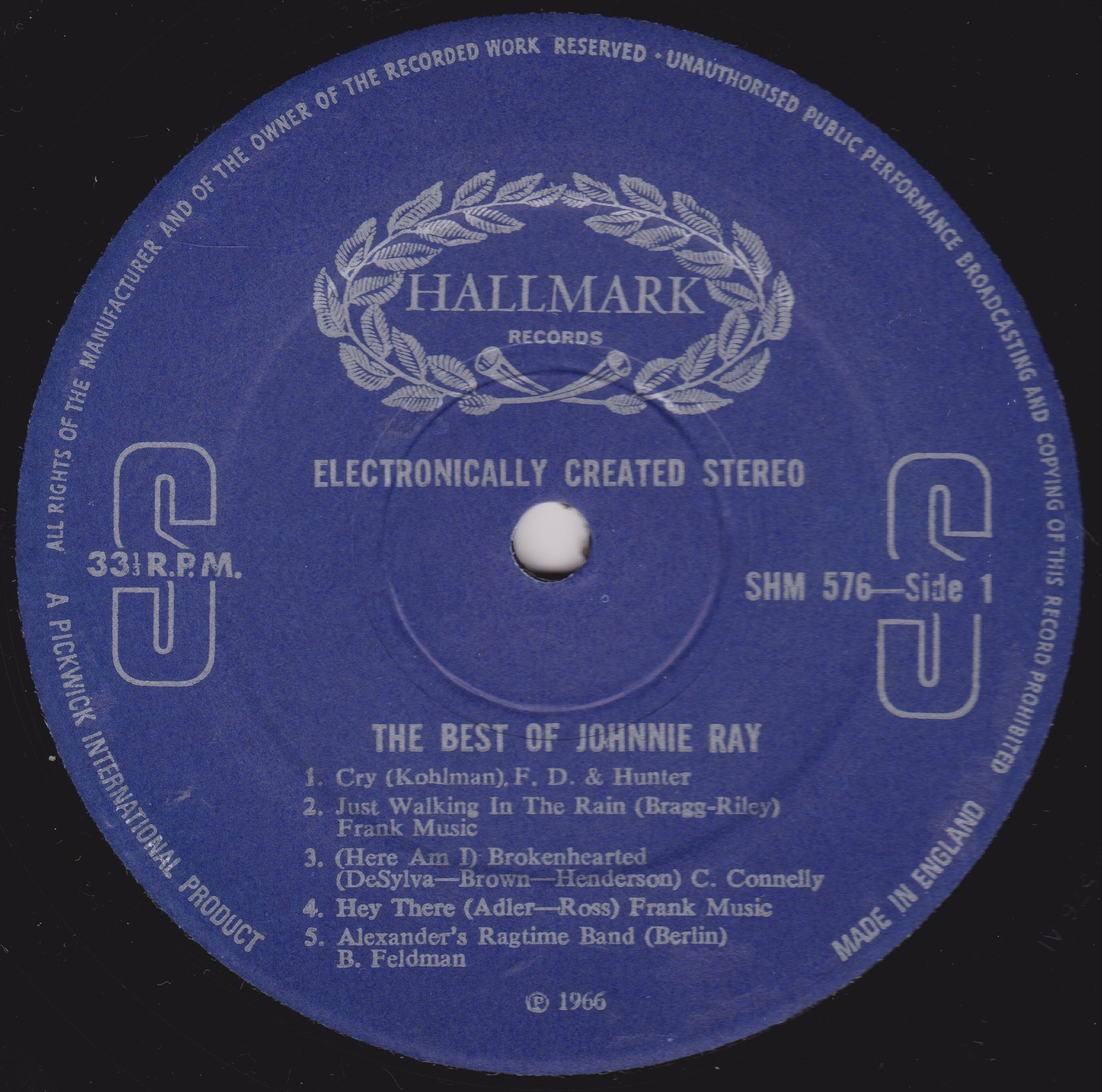 Record label for 'The Best of Johnnie Ray' by Hallmark Records on a black background