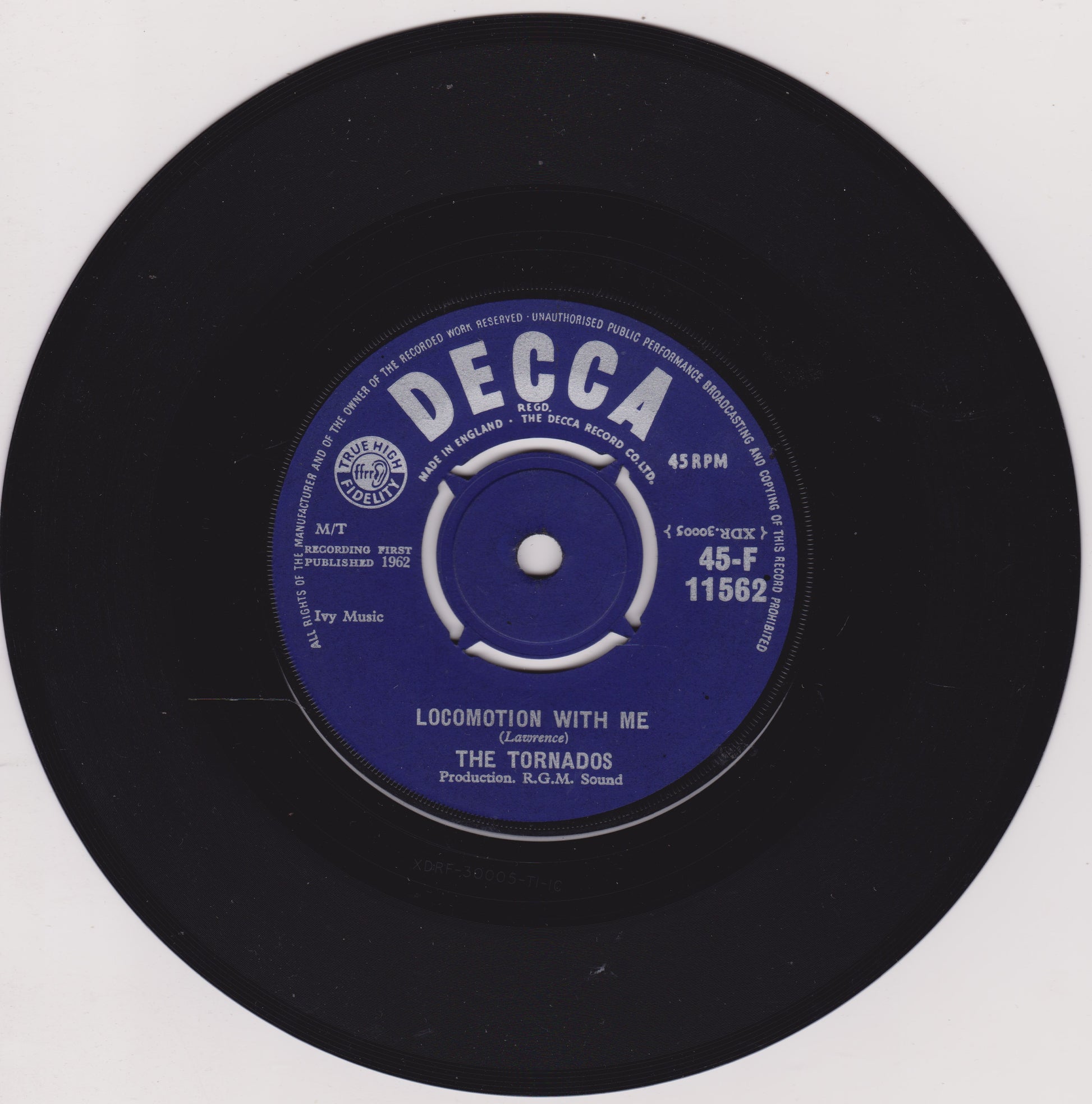 Black vinyl record with a blue label featuring 'Decca' branding and text.