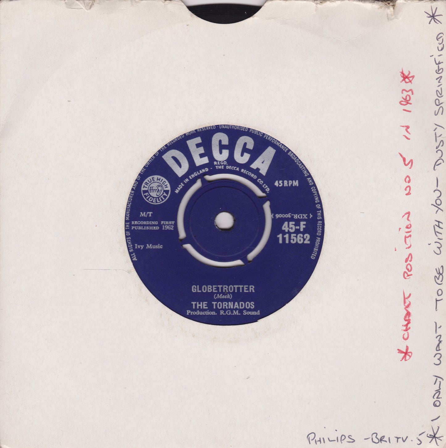 Decca record label on a white background with handwritten notes.