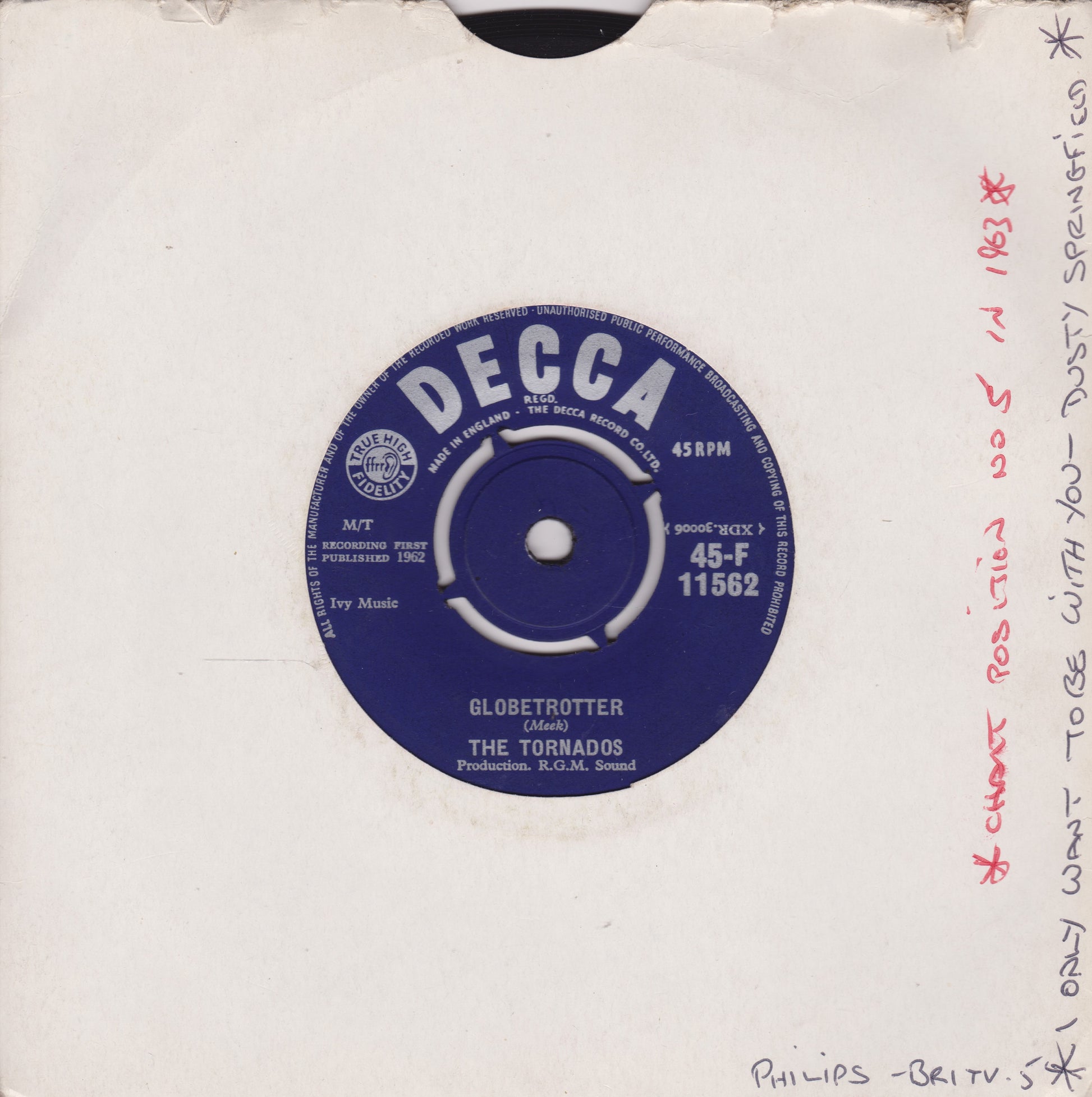 Decca record label on a white background with handwritten notes.