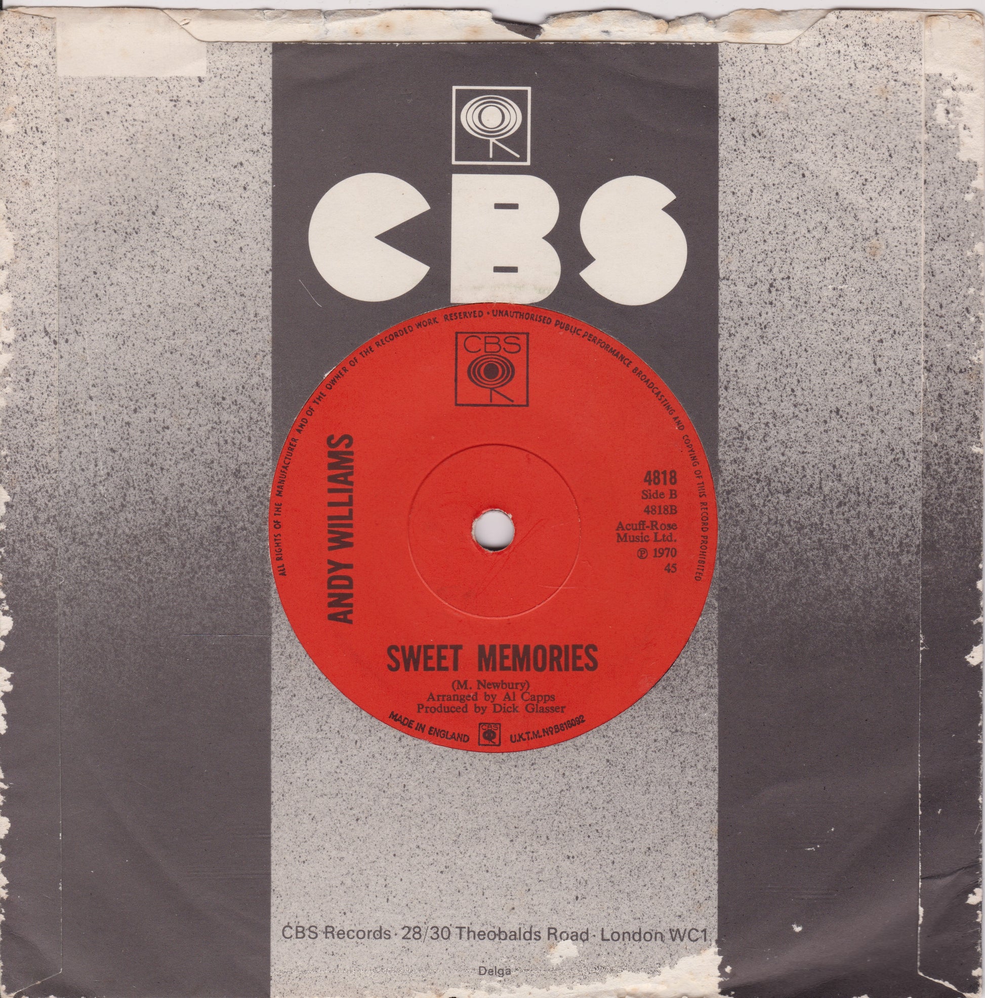 Vintage record label with 'CBS' logo and red disc on a textured background
