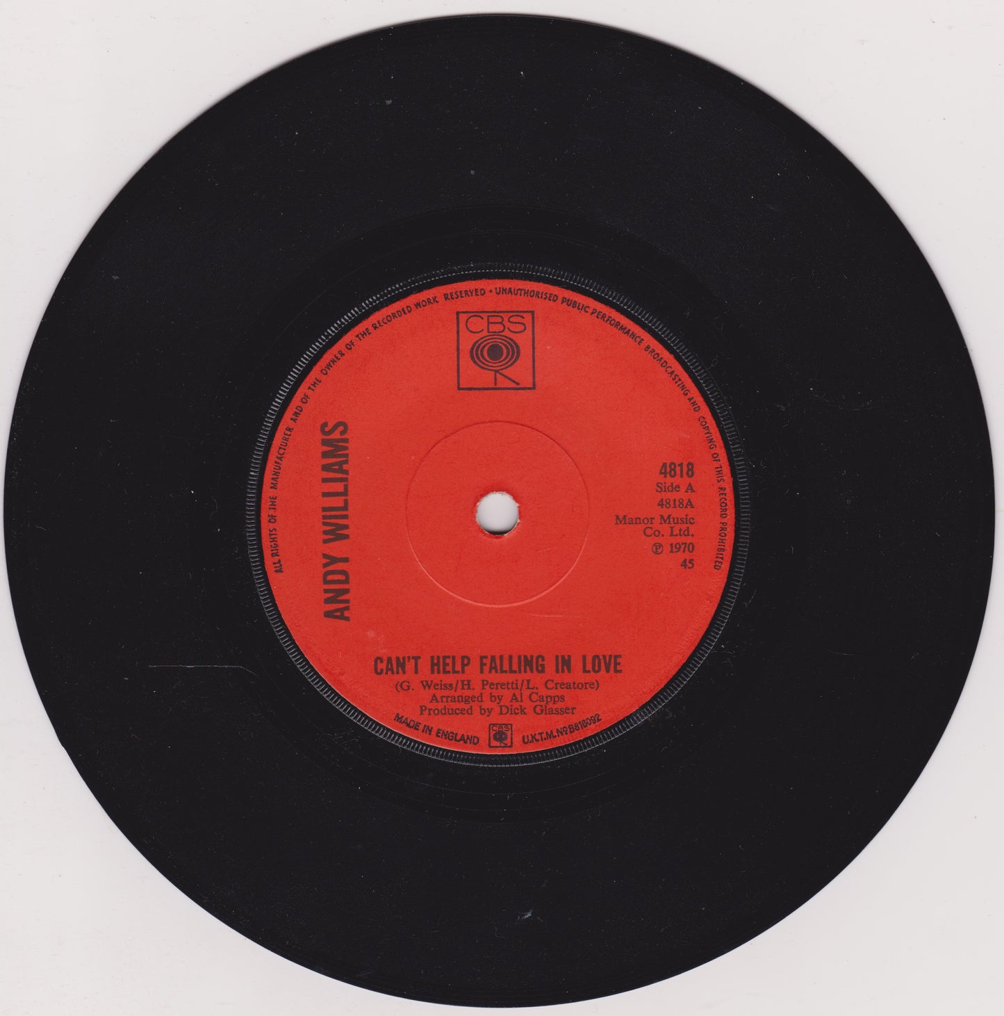 Andy Williams ‎– Can't Help Falling In Love (CBS 1970) 7" vinyl single VG/-