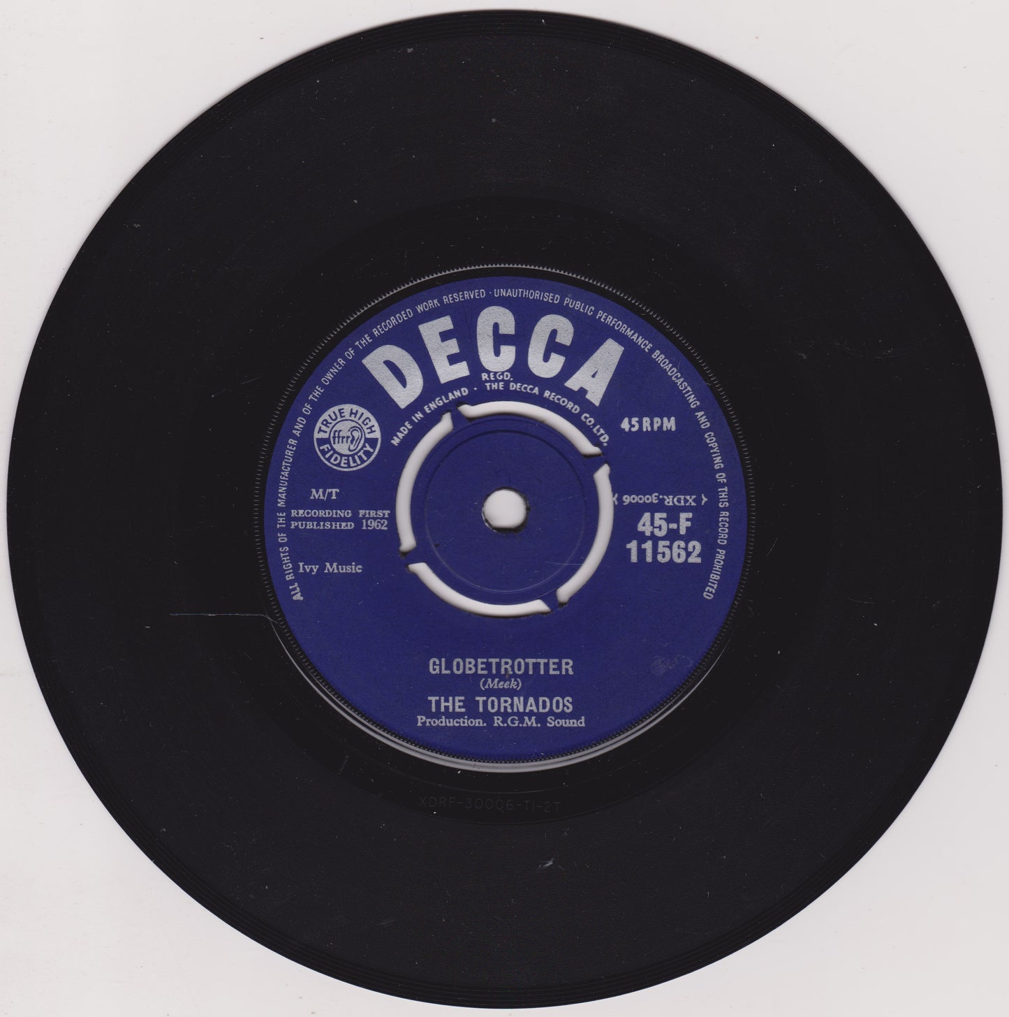 Black vinyl record with a blue label featuring 'Decca' branding on a white background