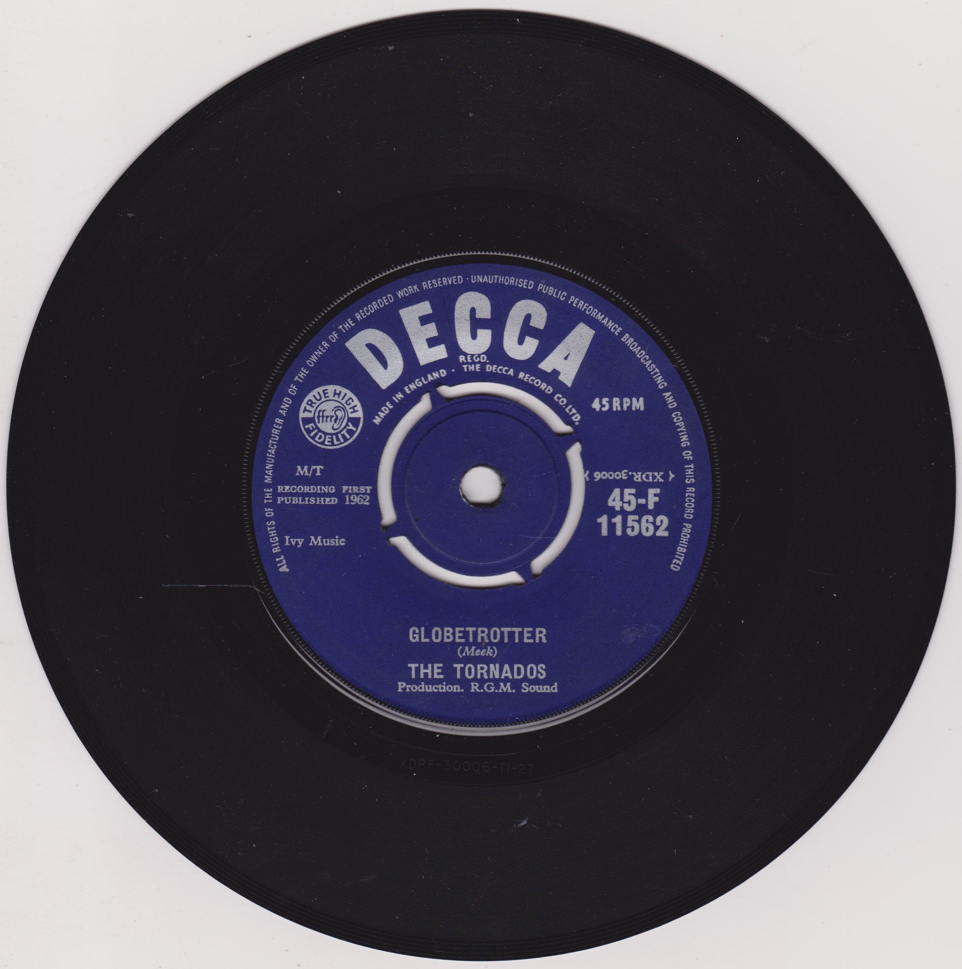 Black vinyl record with a blue label featuring 'Decca' branding on a white background