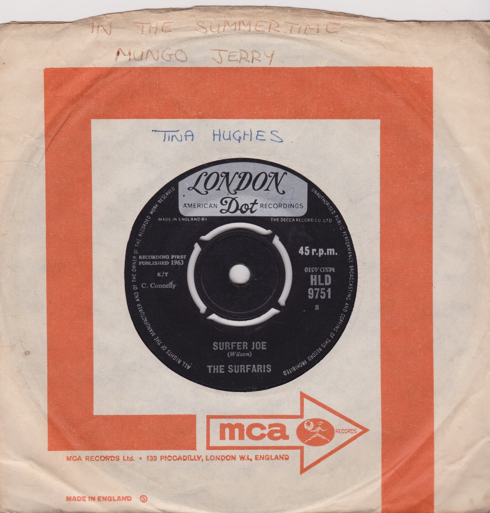 Record sleeve with 'Surfer Joe' by The Surfaris on a London Dot label.