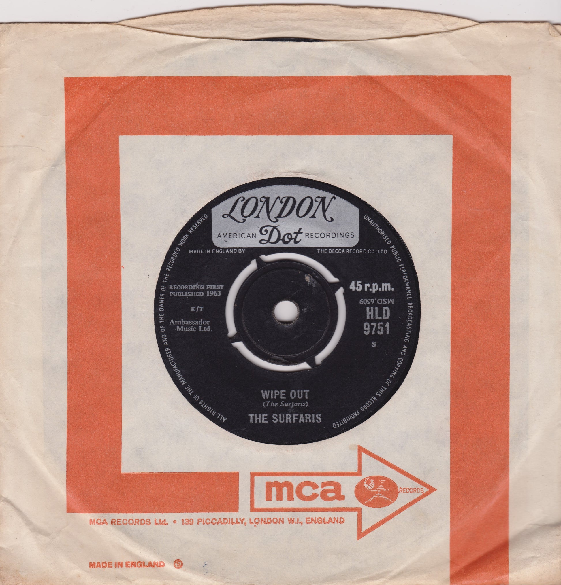 Record label with 'London' and 'mca' branding on a beige background