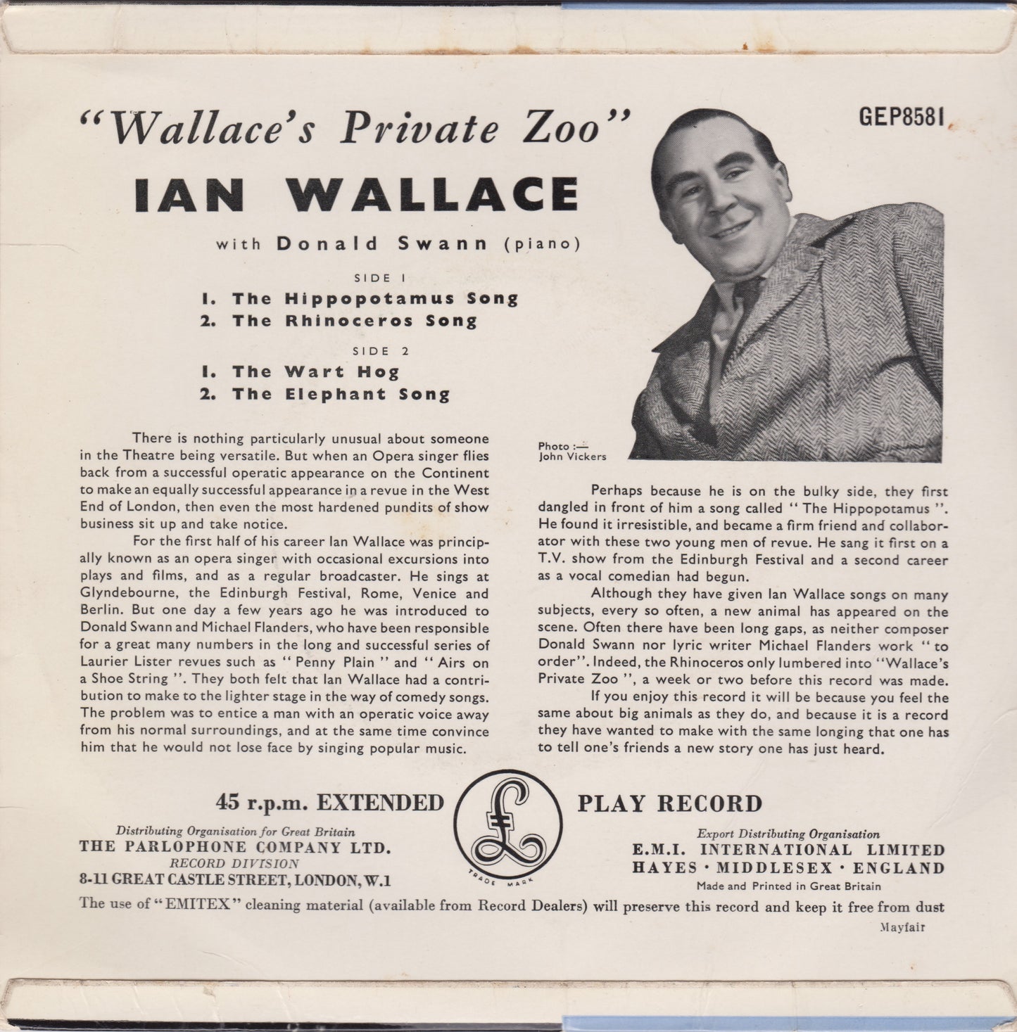 Back cover of a vinyl record featuring Ian Wallace and Donald Swann with text and EP details.