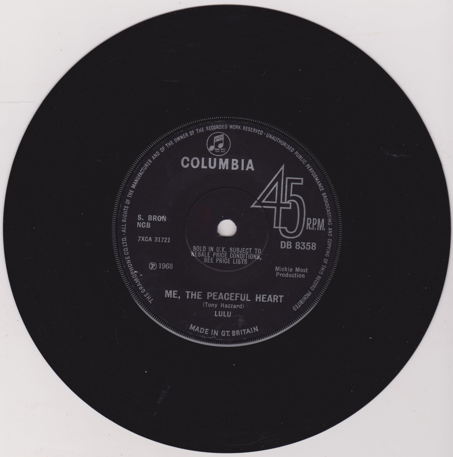 Record label from a Columbia 45 RPM record on a white background