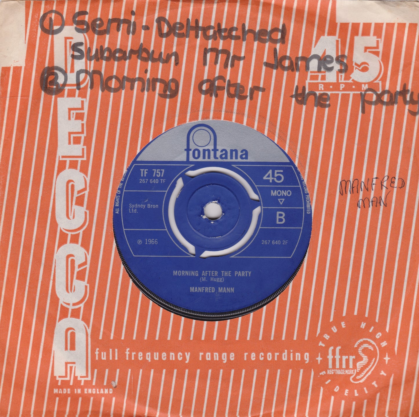 Manfred Mann – Semi-Detached, Suburban Mr. James (Fontana 1966) 7" vinyl single VG/-