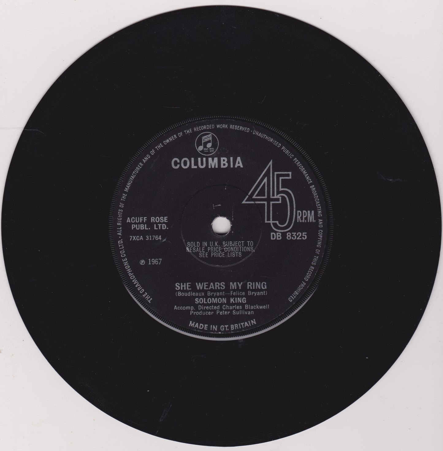 Solomon King ‎– She Wears My Ring (Columbia 1967) 7" vinyl single VG/-