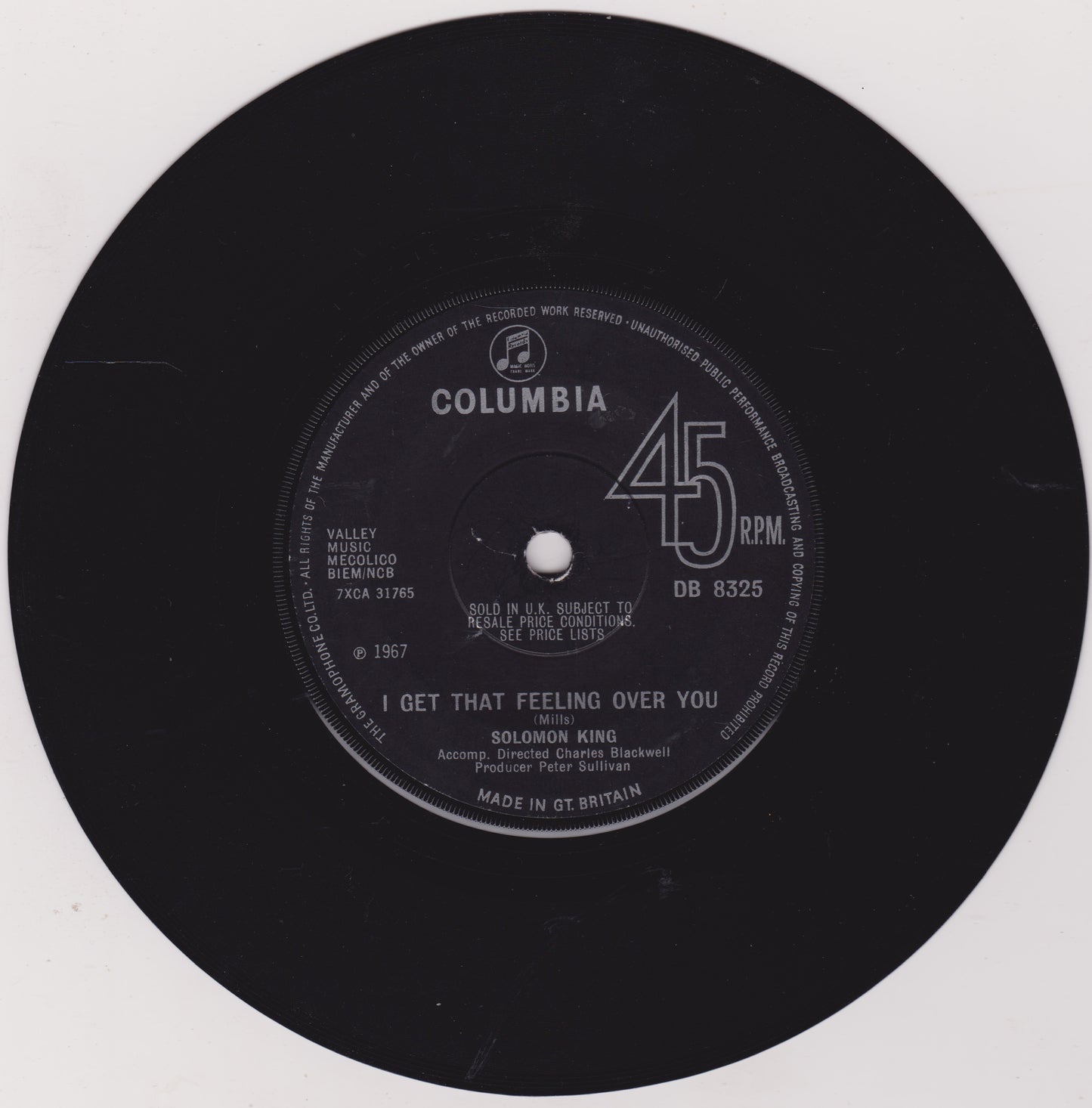 Solomon King ‎– She Wears My Ring (Columbia 1967) 7" vinyl single VG/-
