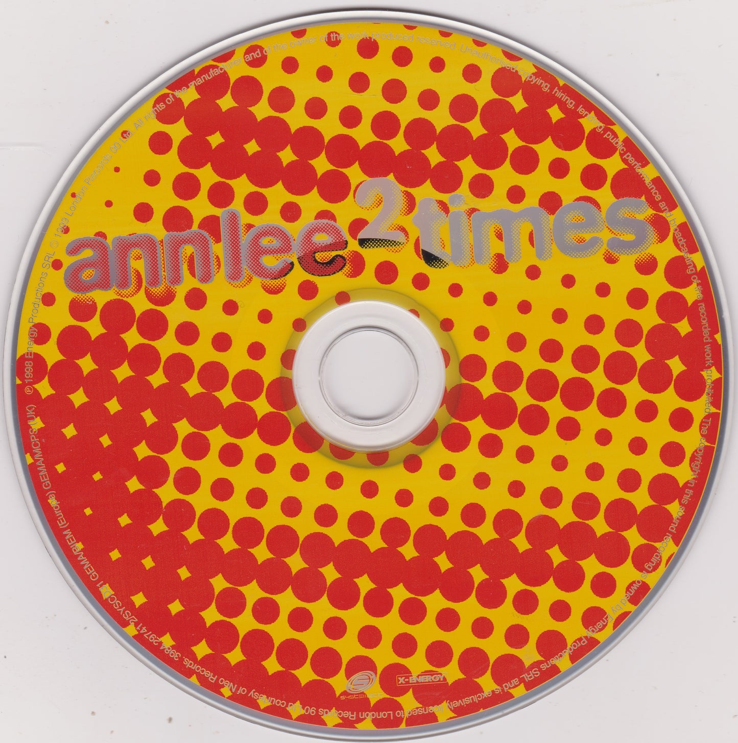 CD with red and yellow pattern and 'annlee 2 times' text on a white background