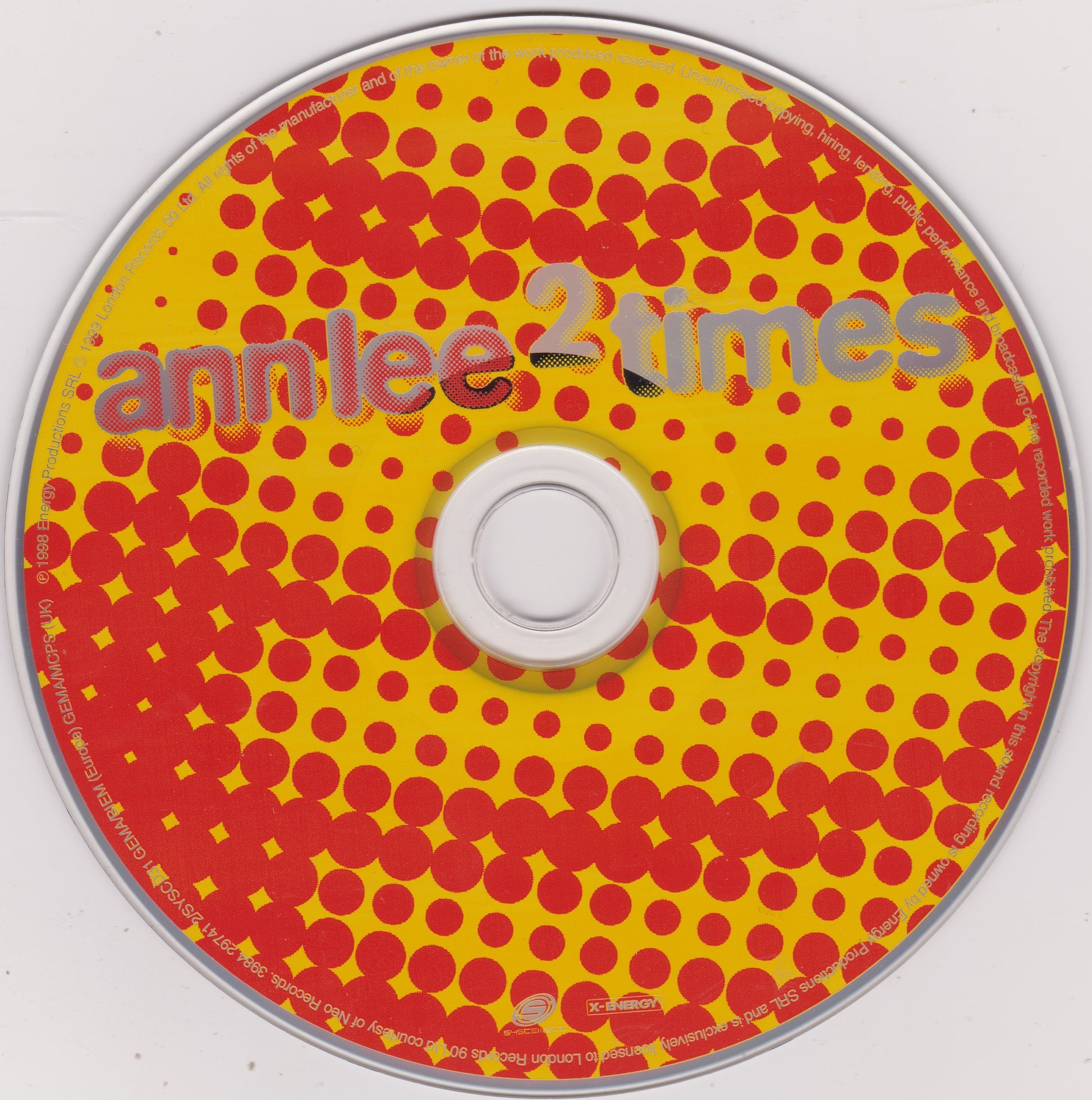 CD with red and yellow pattern and 'annlee 2 times' text on a white background