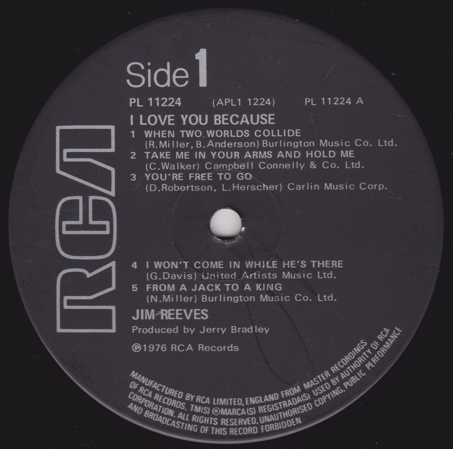 RCA record label with track listing and artist name on a black background