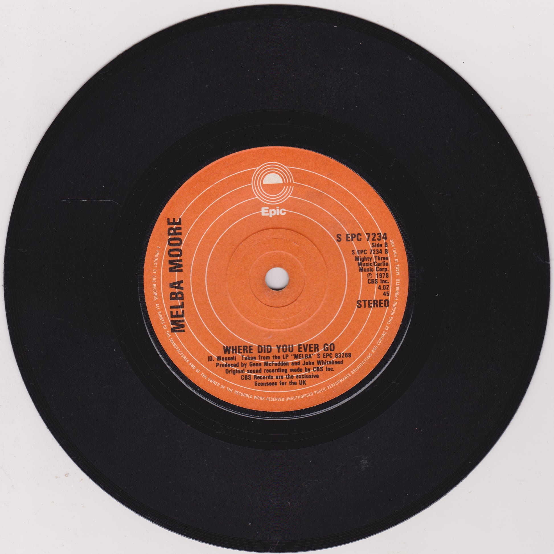 Black vinyl record with an orange label featuring 'Melba Moore' on a white background