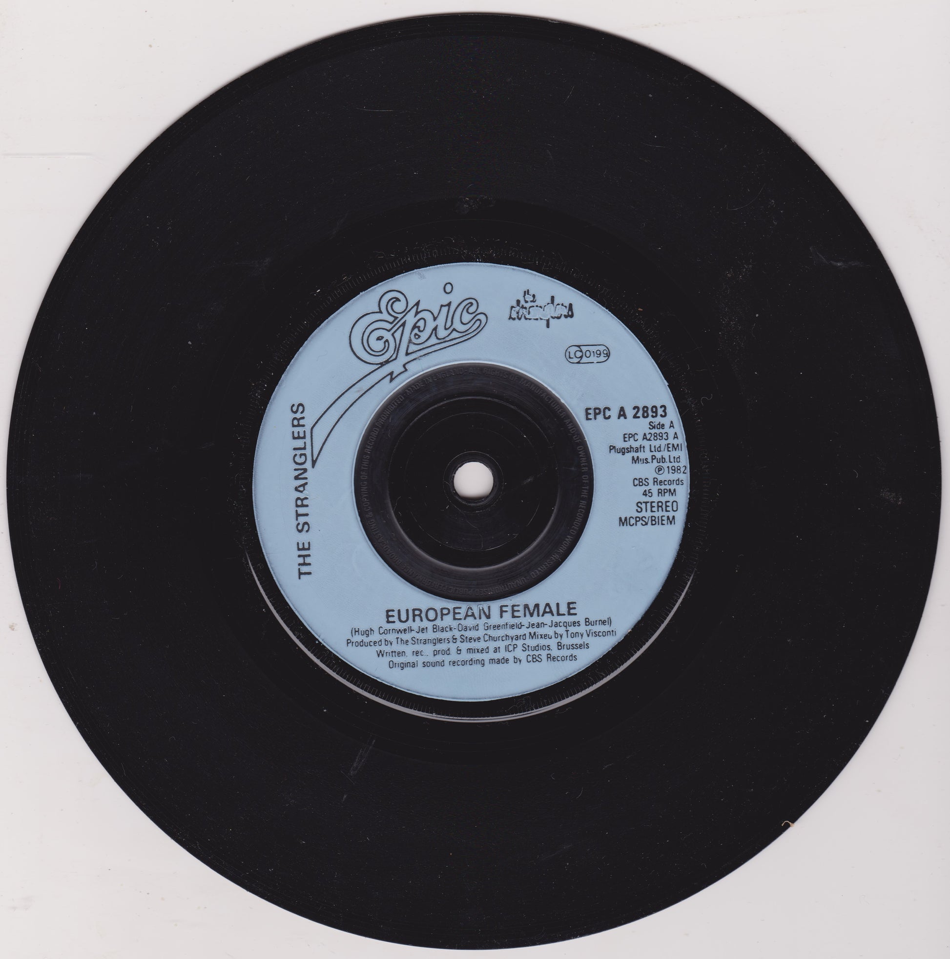 Vinyl record with 'Epic' label and text on a white background