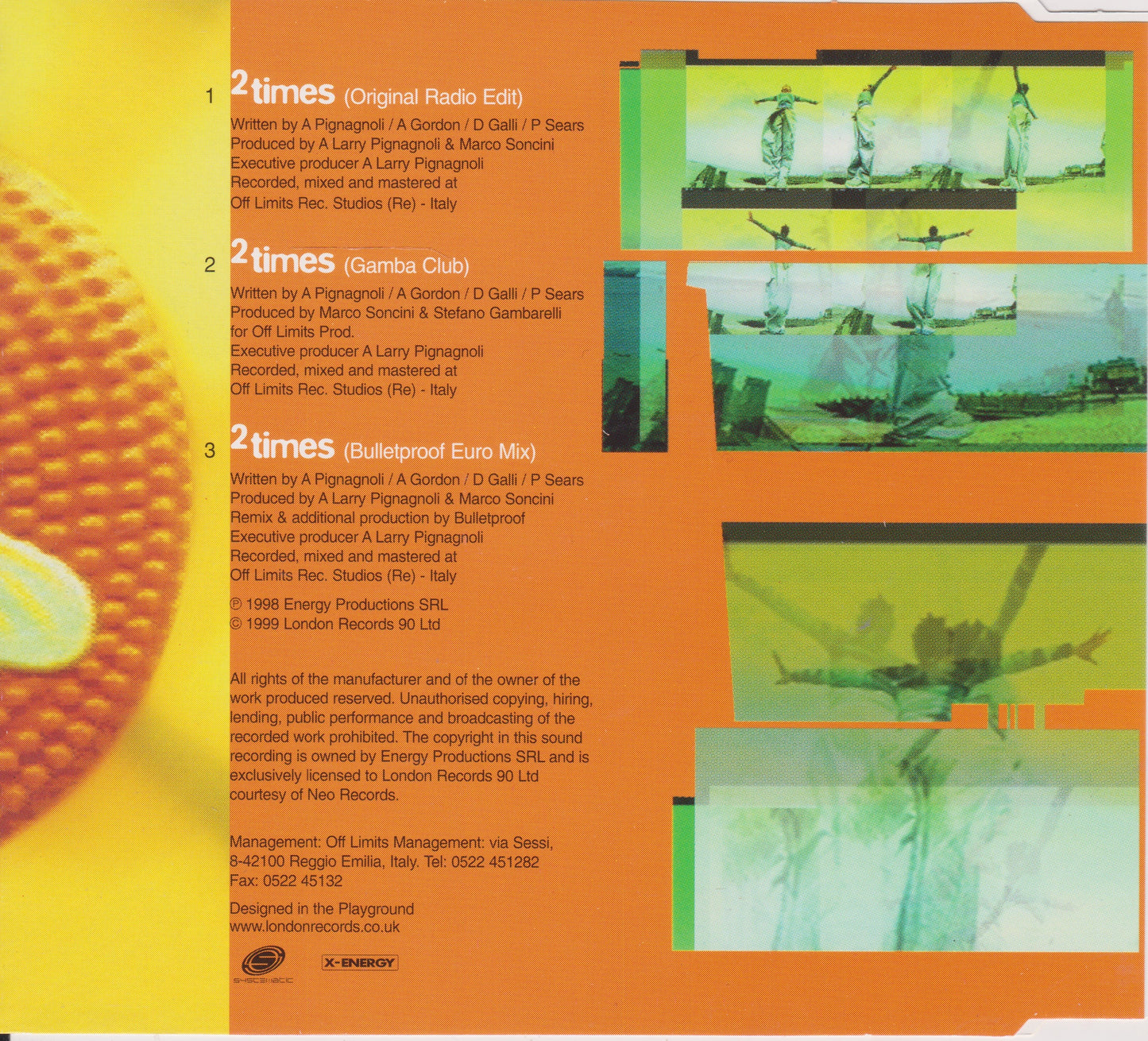 Back cover of a CD single with text and green images on an orange background
