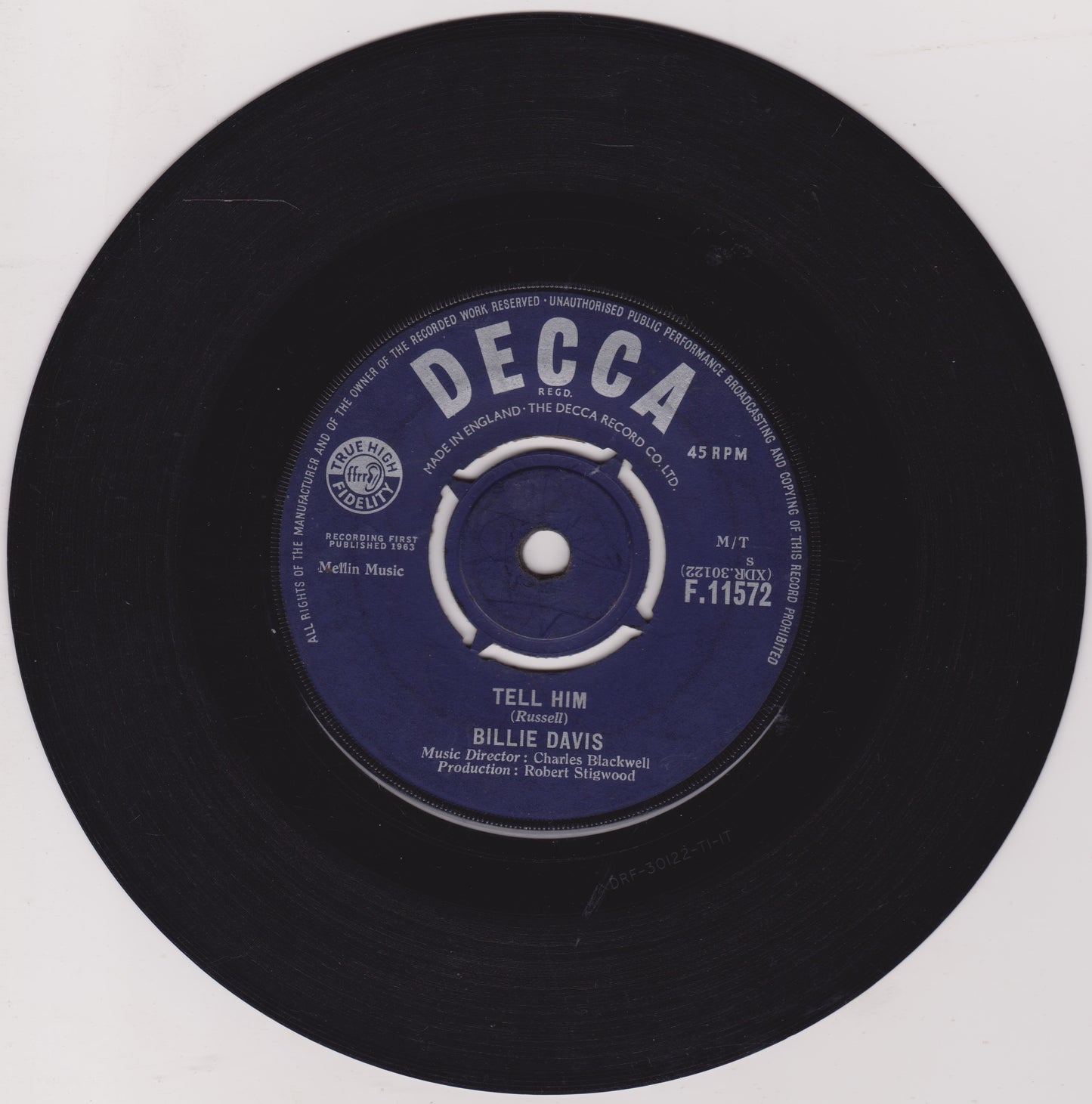 Black vinyl record with a blue label featuring the Decca Records logo on a white background.
