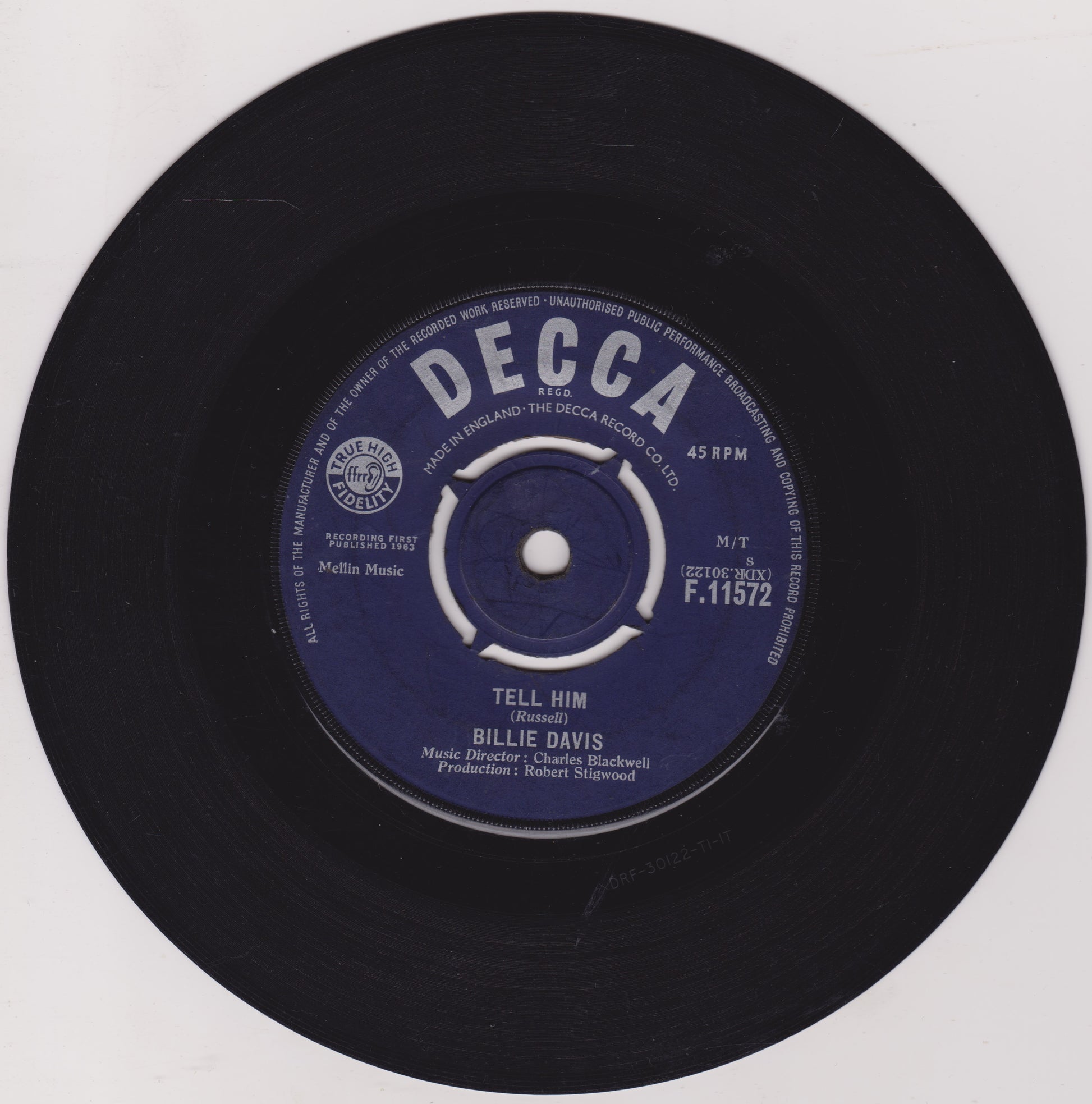 Black vinyl record with a blue label featuring the Decca Records logo on a white background.