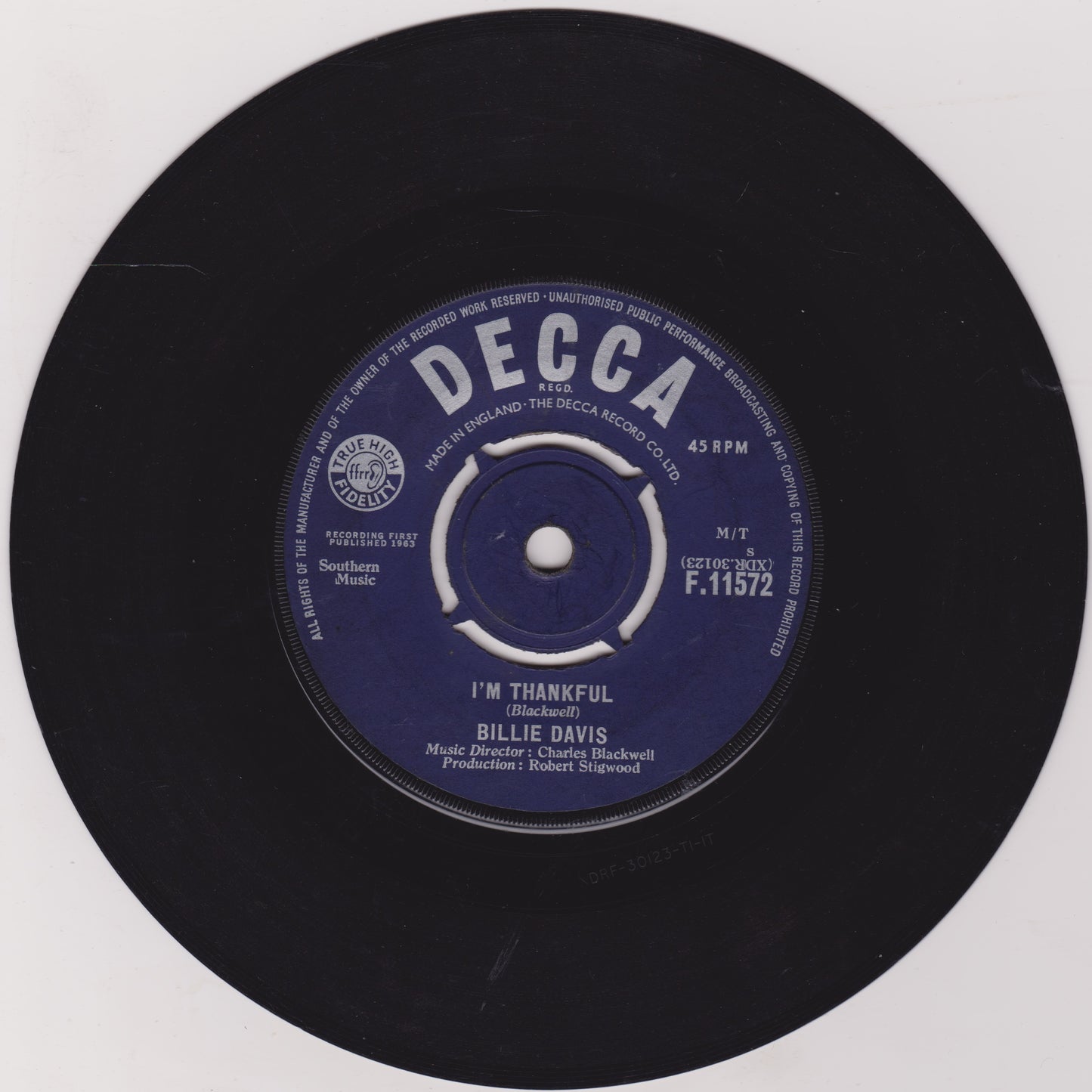 Black vinyl record with a blue label featuring 'Decca' branding and song details.