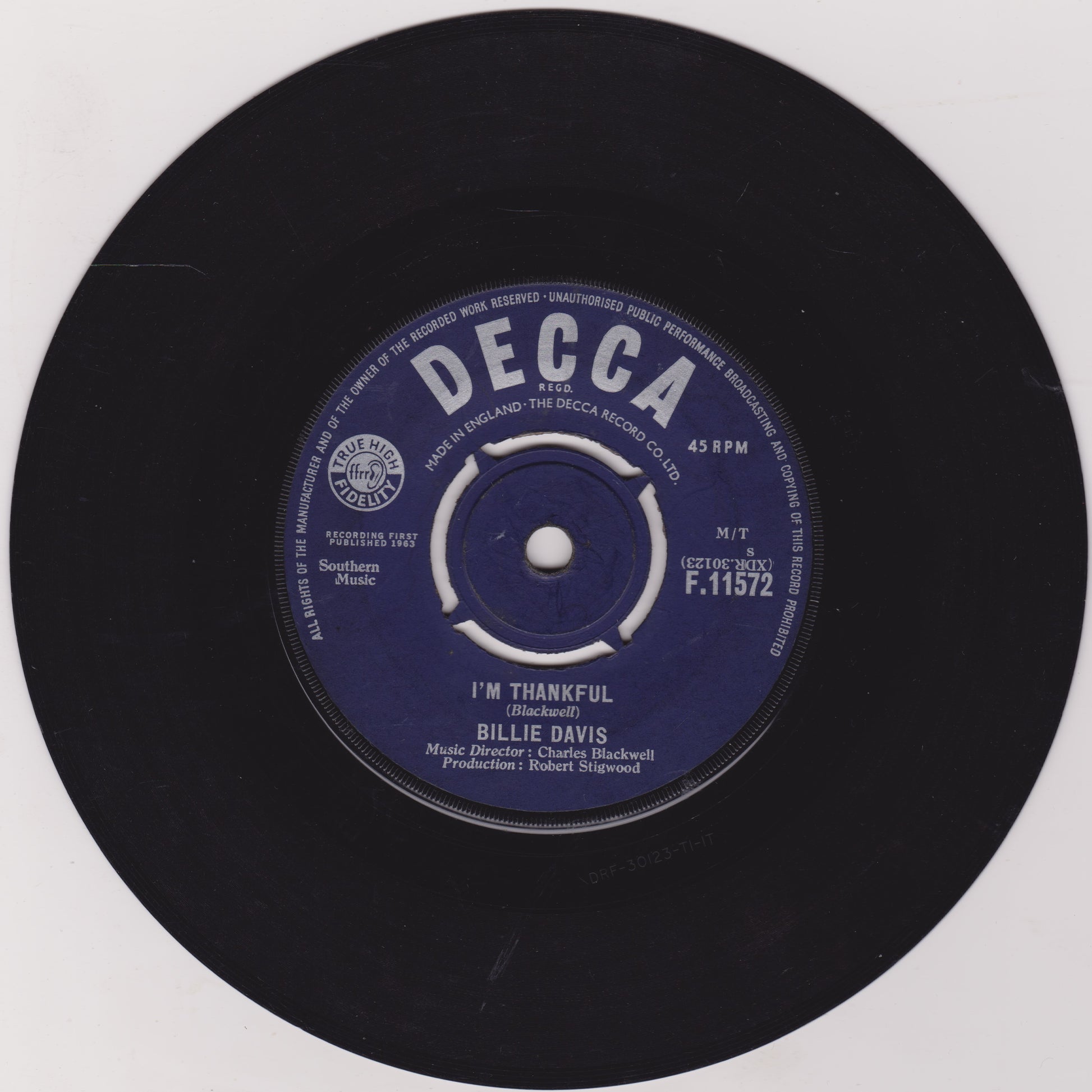 Black vinyl record with a blue label featuring 'Decca' branding and song details.