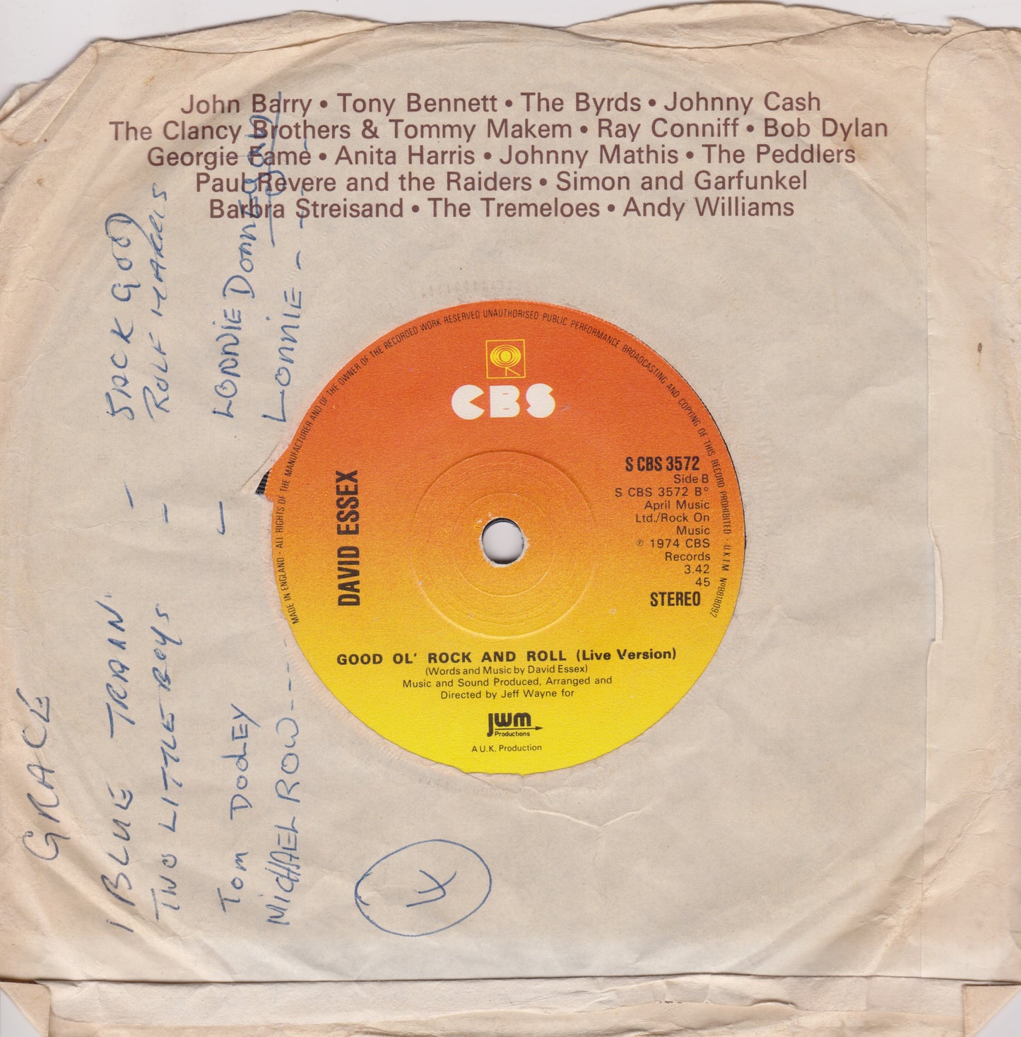Record label with orange and yellow disc and text on a beige background