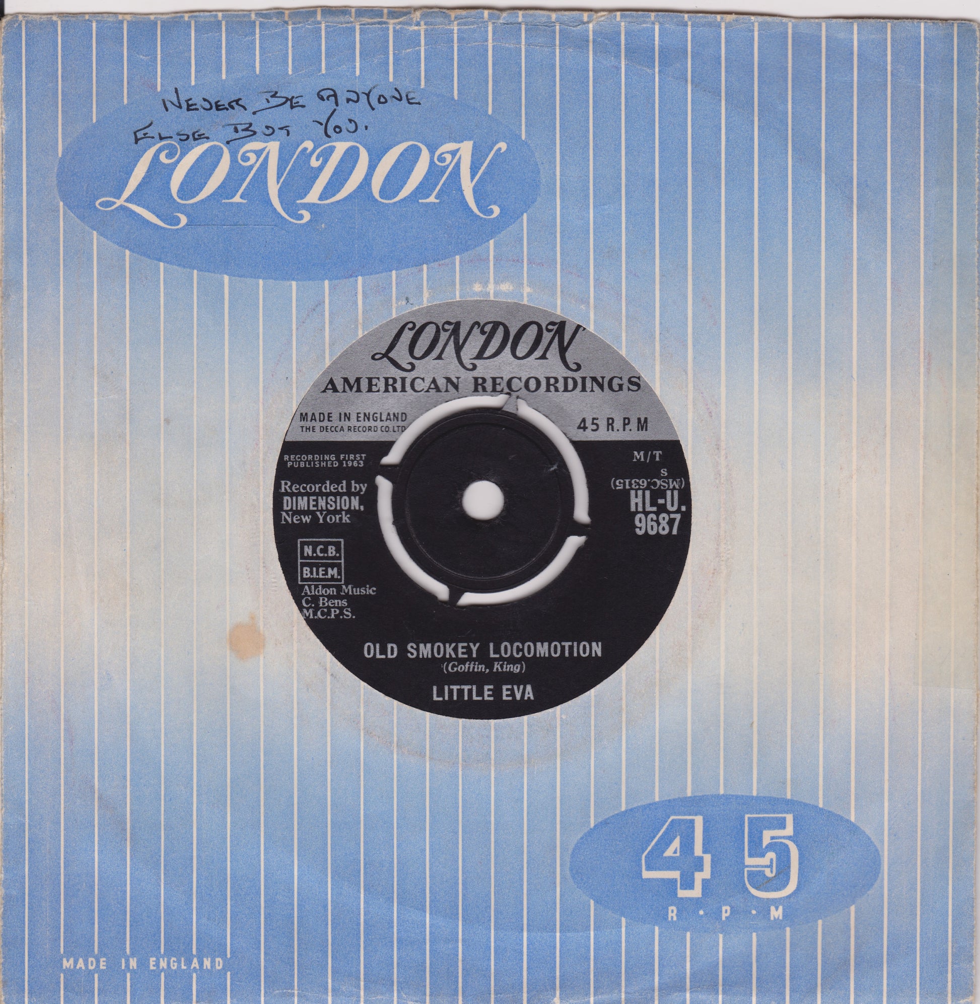 Vintage London record cover with a blue and white striped pattern