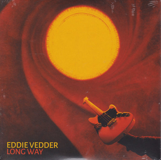 Single cover with a guitar and yellow circle on a red background, featuring Eddie Vedder's name.