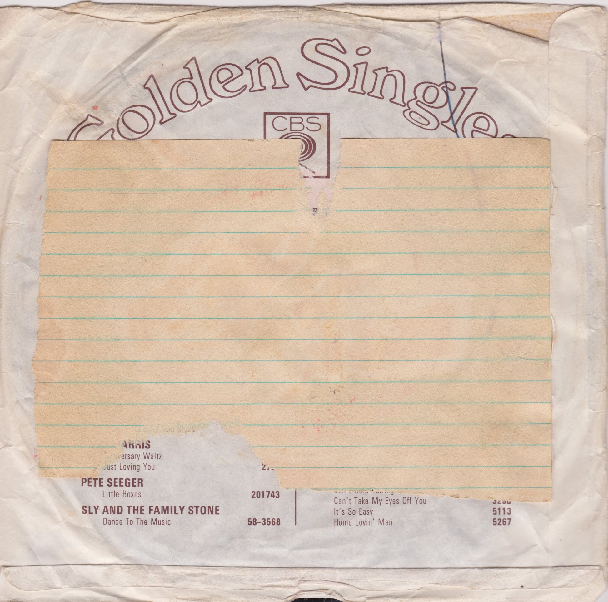 Vintage record label with 'Golden Single' and 'CBS' branding on a lined paper background.