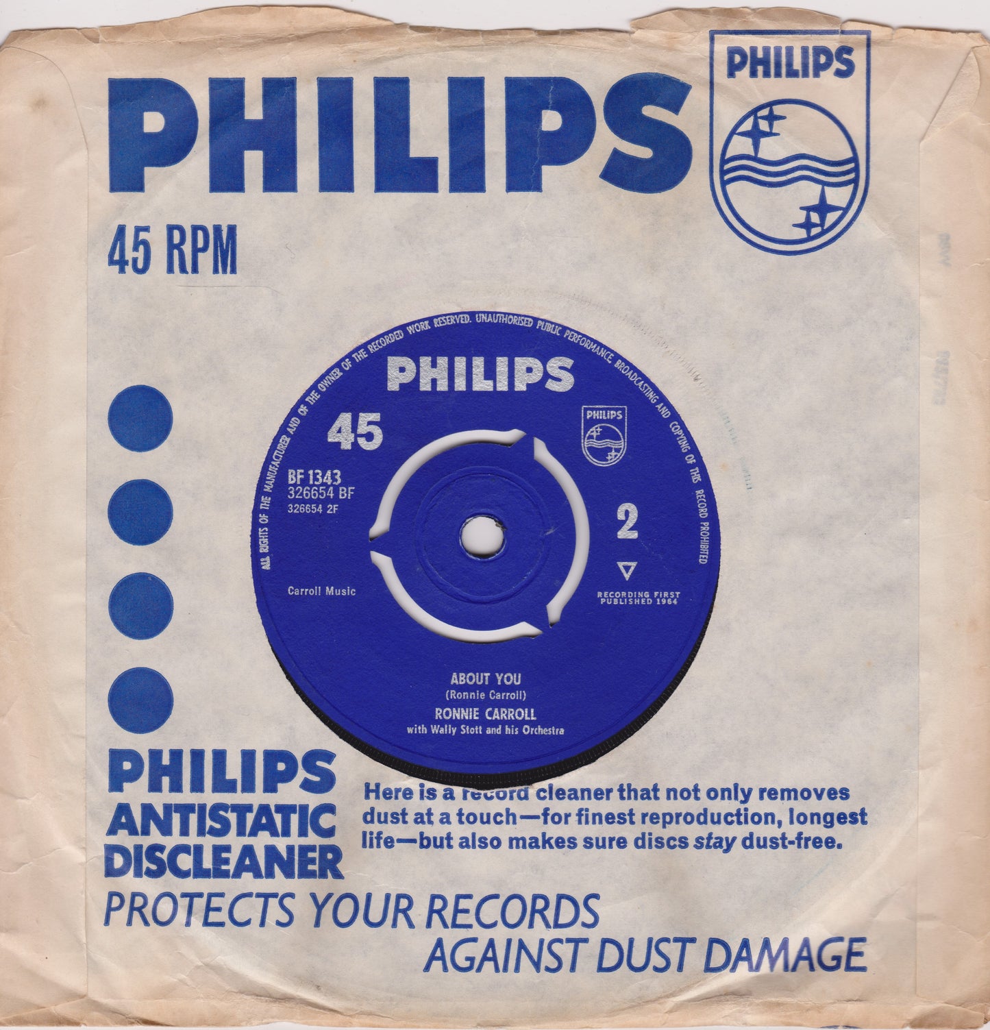 Philips record sleeve with blue label and text on a beige background
