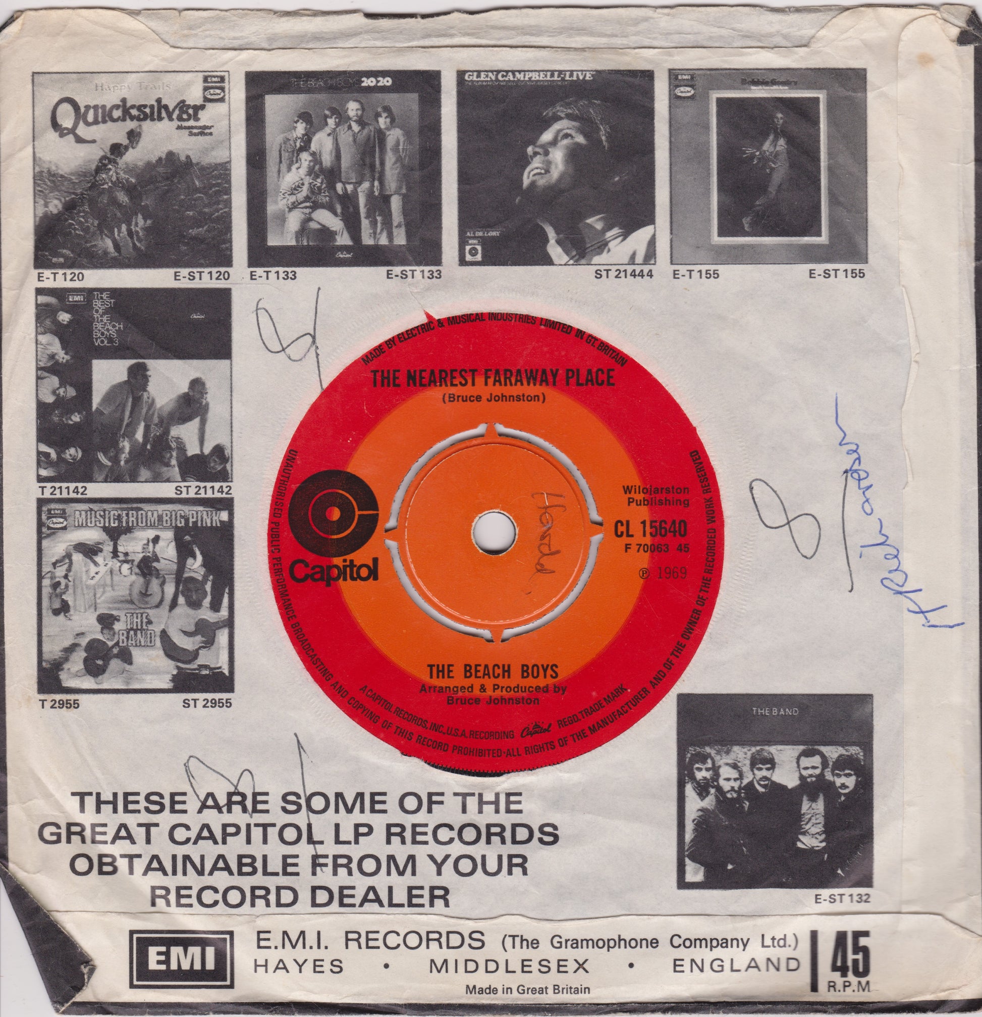 Vintage record sleeve with black and white images and a red record design, featuring the Beach Boys.