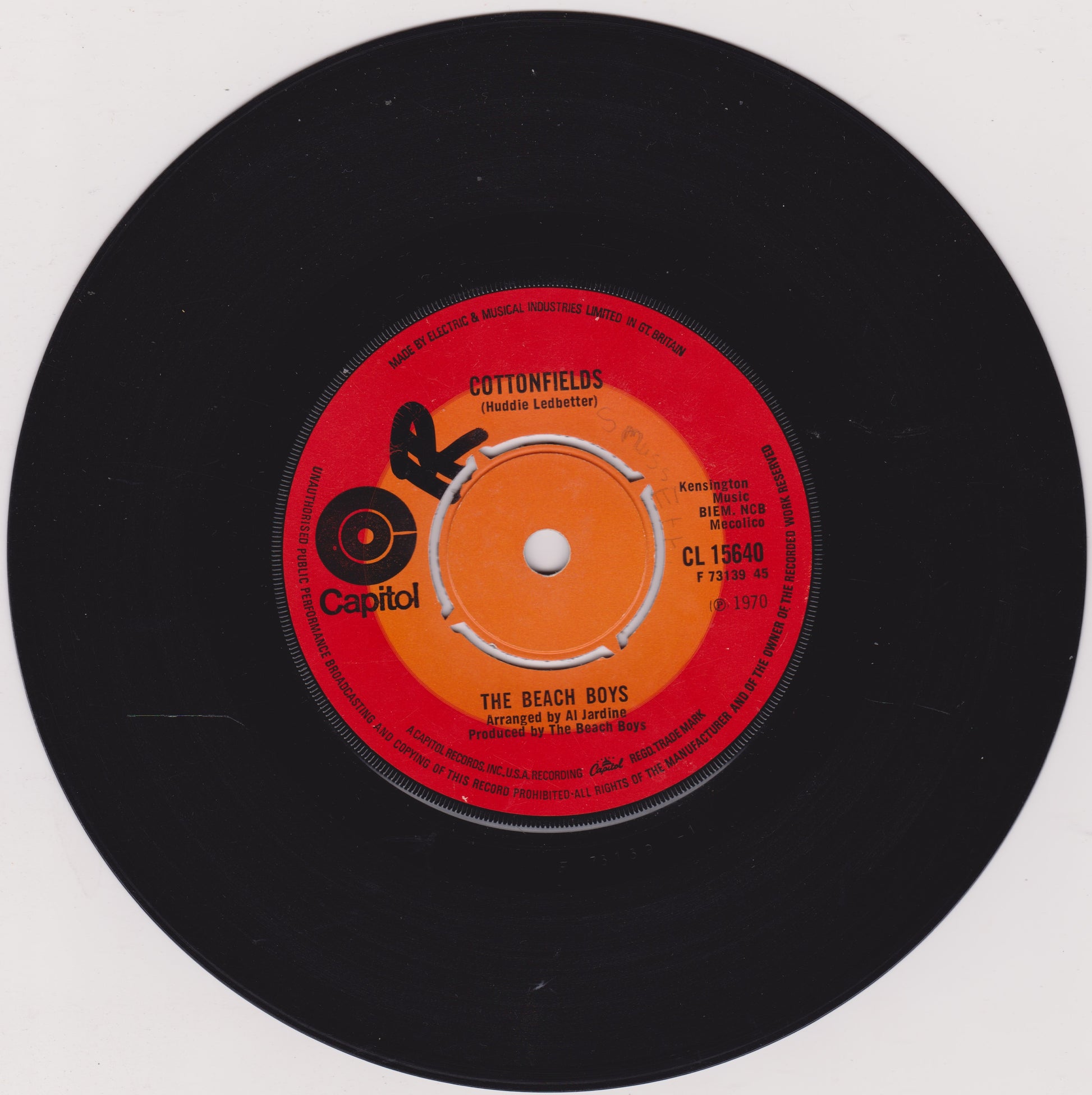 Record label of a vinyl record with 'The Beach Boys' on a white background