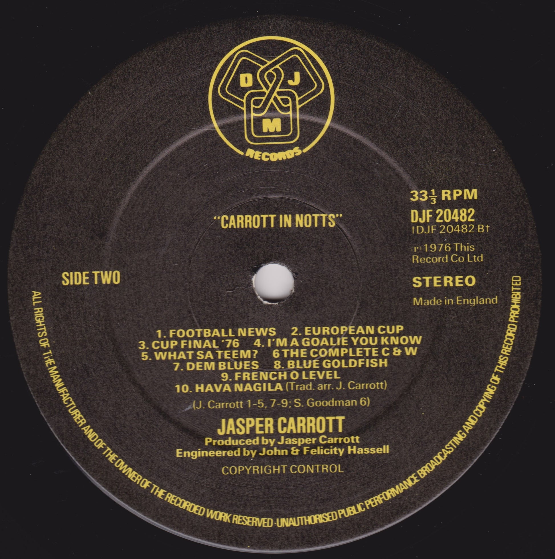 Record label with text and a logo on a black background