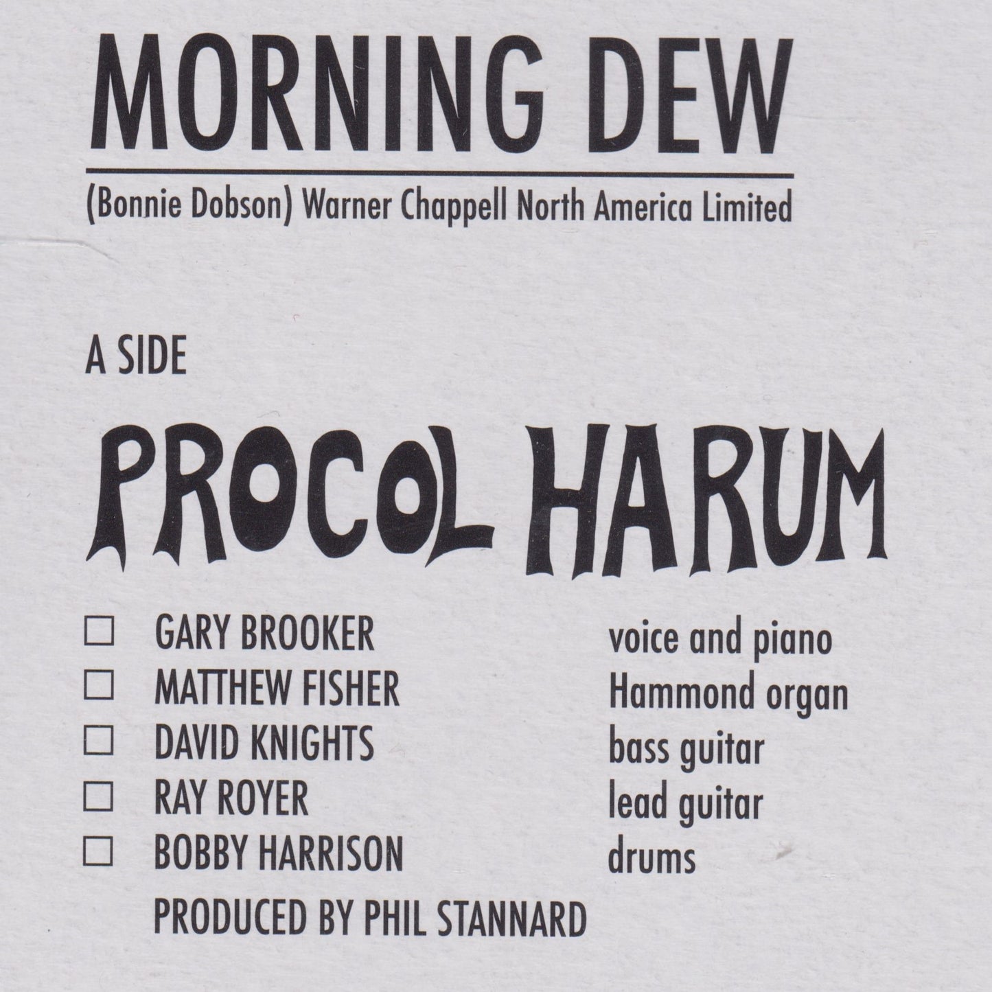 Musical group lineup card for Procol Harum with member names and roles.