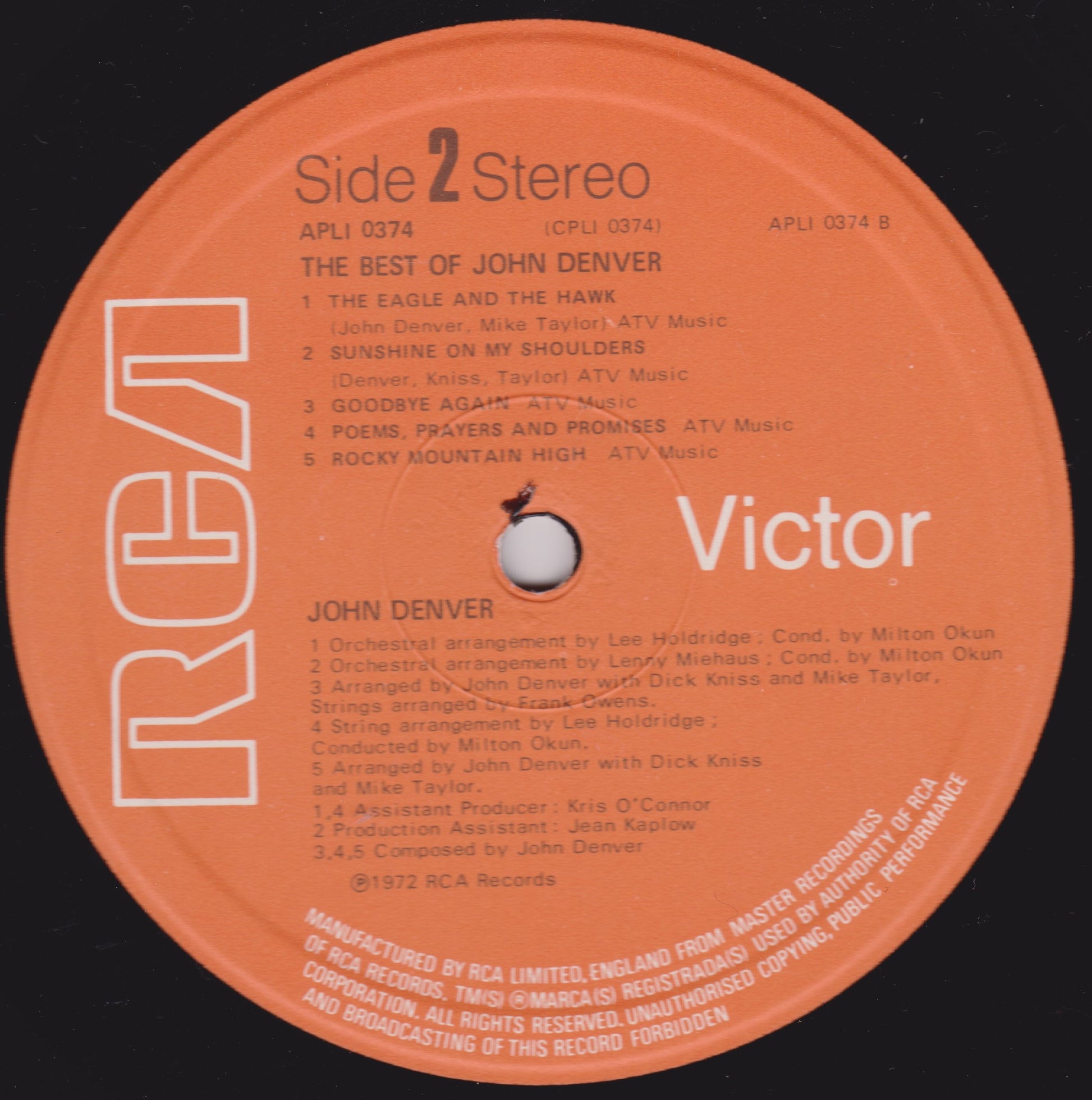 Record label for 'The Best of John Denver' by RCA Victor on a black background