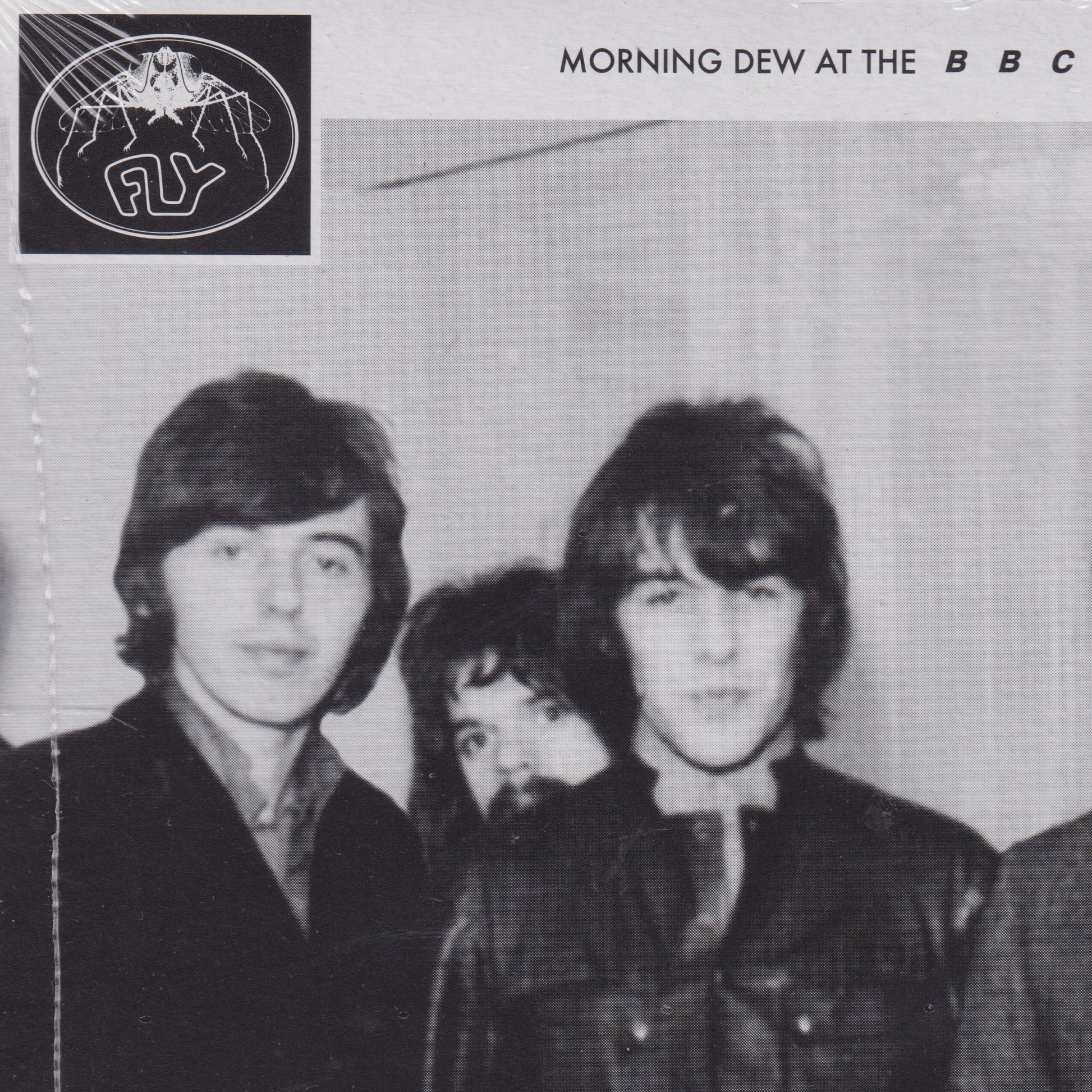 Black and white photo of three men with text 'Morning Dew at the BBC' and a logo.
