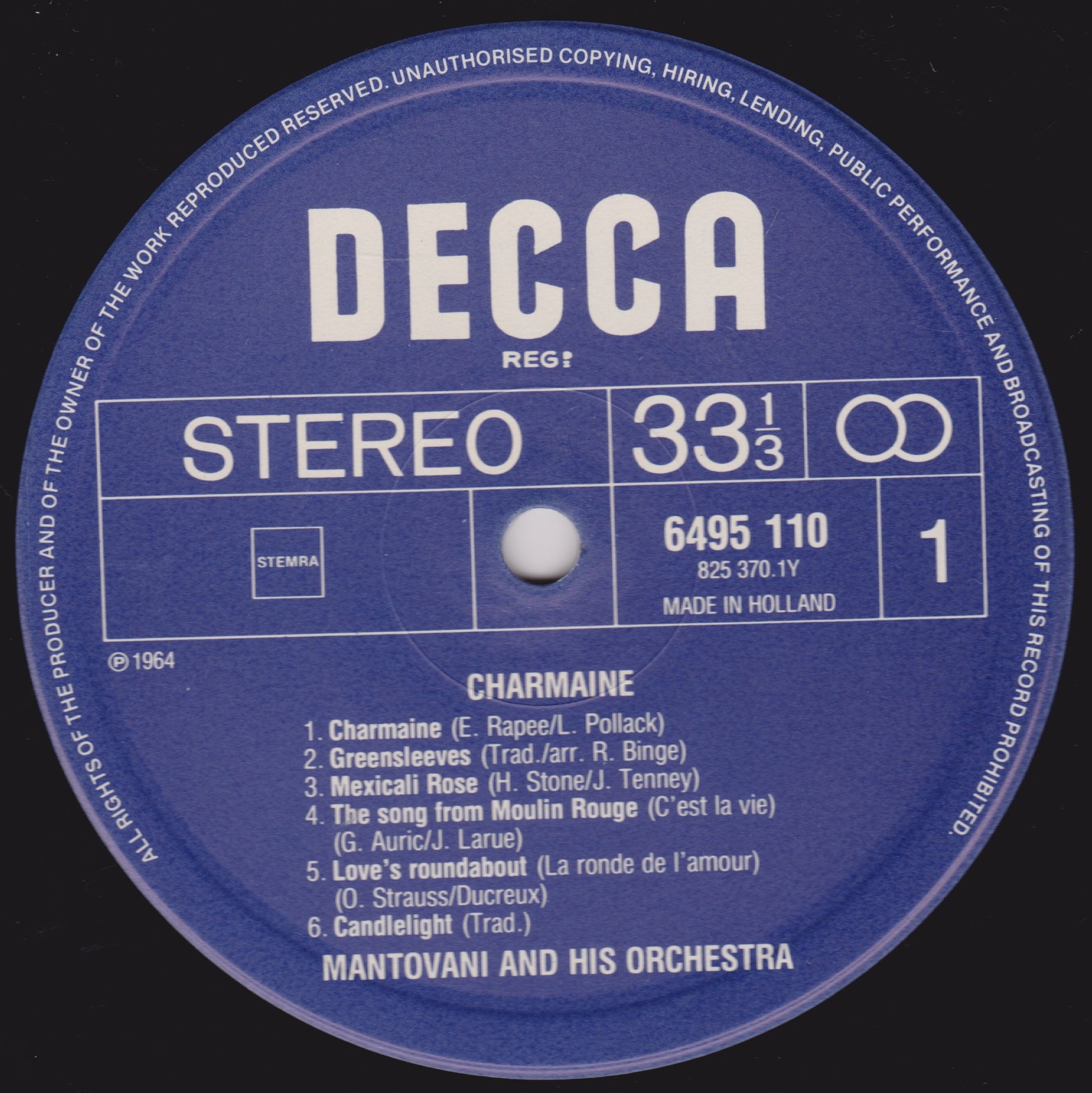 Decca label from a vinyl record with text and music track listing.