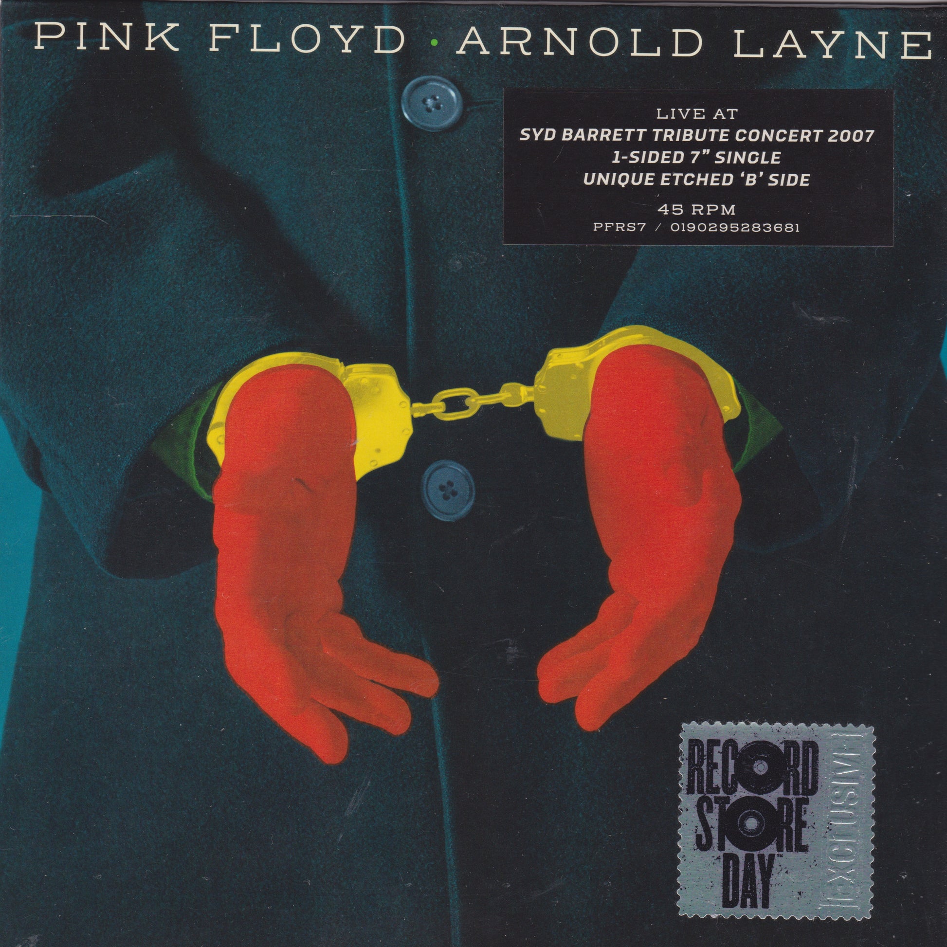 Single cover with red hands in handcuffs, text about Pink Floyd and Arnold Layne, and Record Store Day logo.