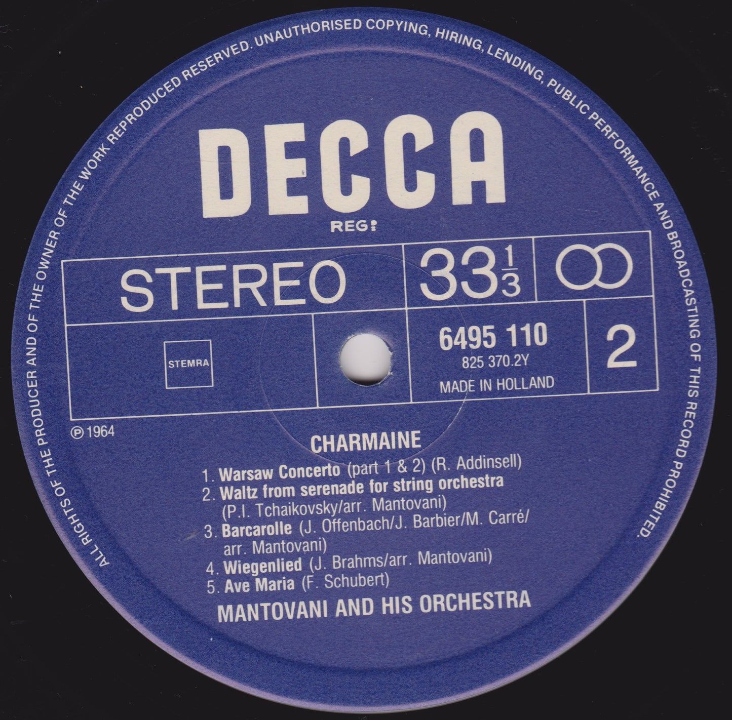 Decca label from a vinyl record with text and music names.