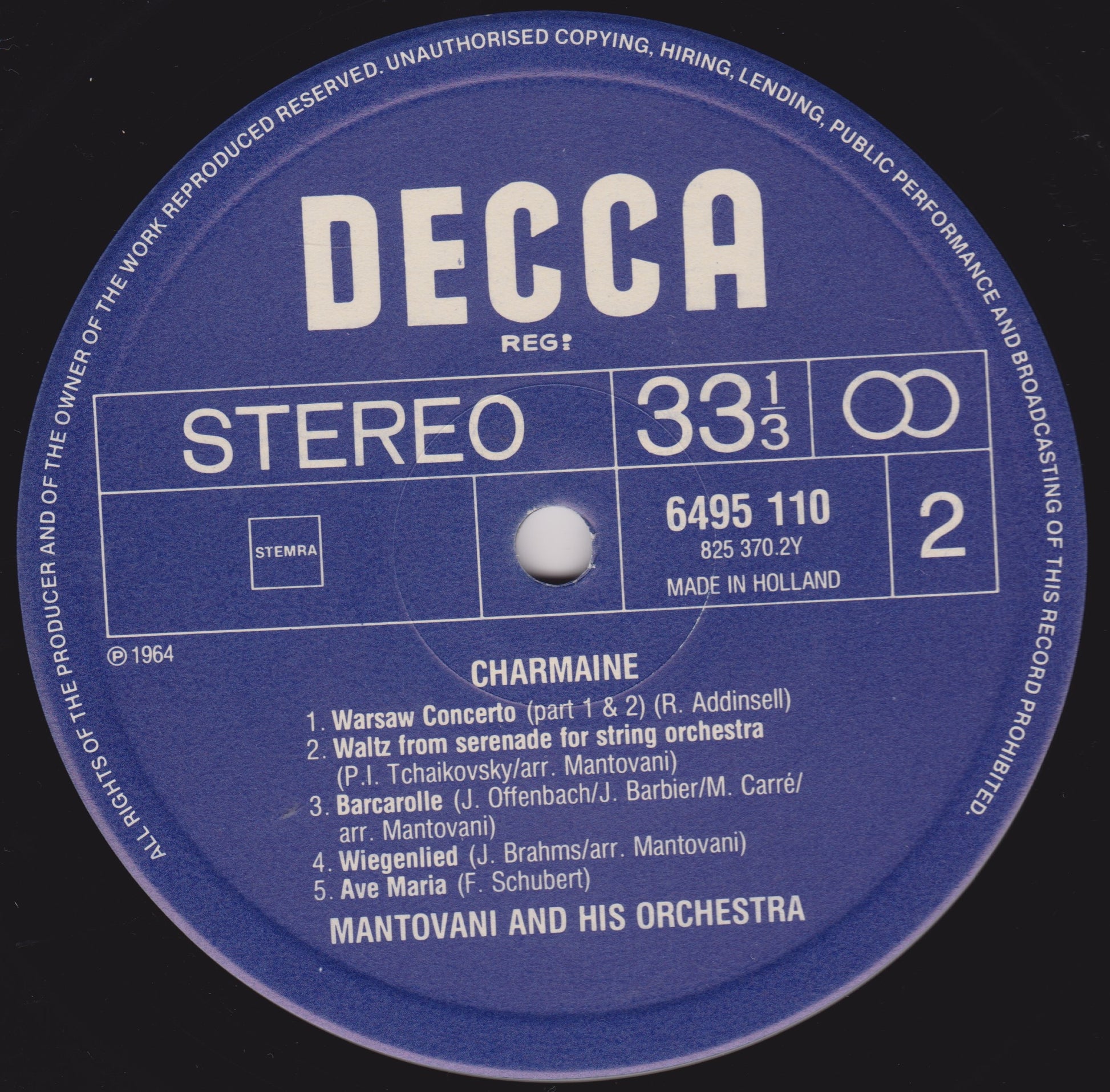 Decca label from a vinyl record with text and music names.
