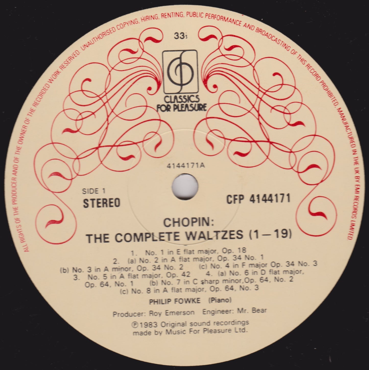 Record label for Chopin's 'The Complete Waltzes' with decorative red designs on a beige background.