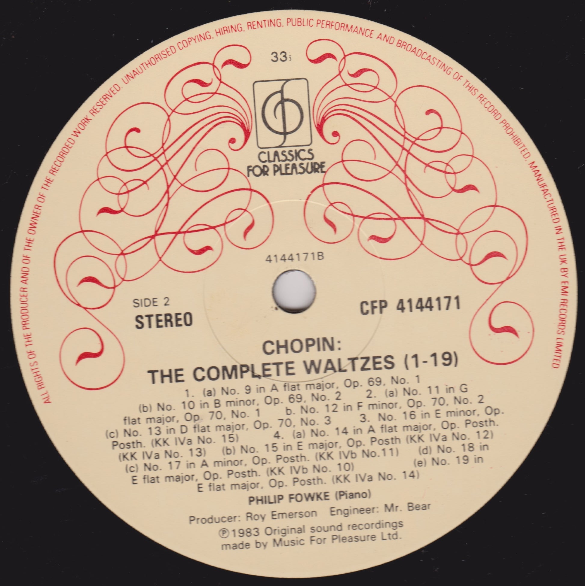 Record label for Chopin's 'The Complete Waltzes' with decorative elements and text.