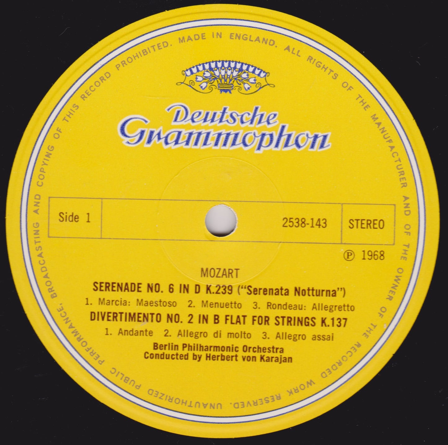 Deutsche Grammophon record label with Mozart music on a yellow background