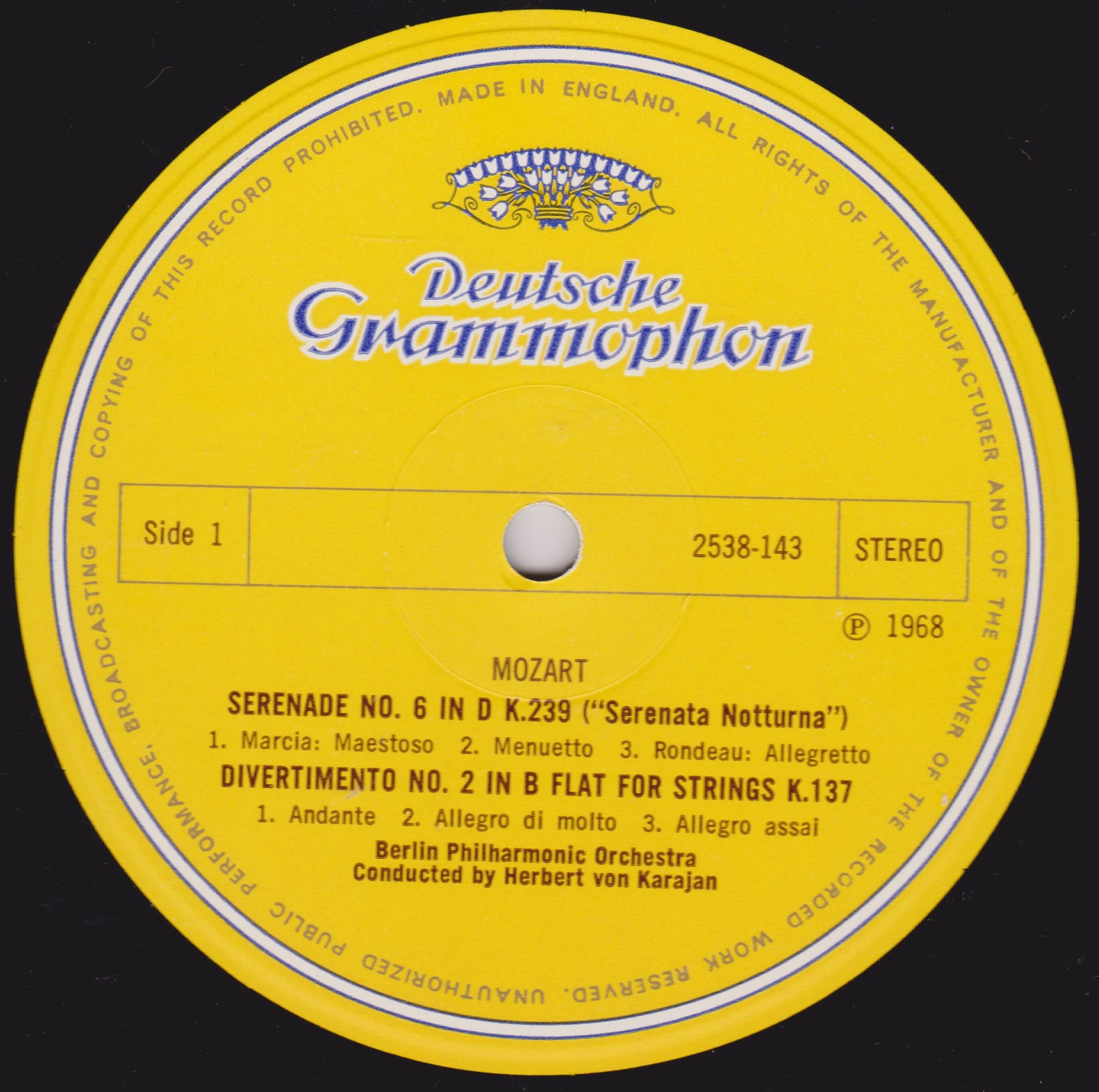 Deutsche Grammophon record label with Mozart music on a yellow background